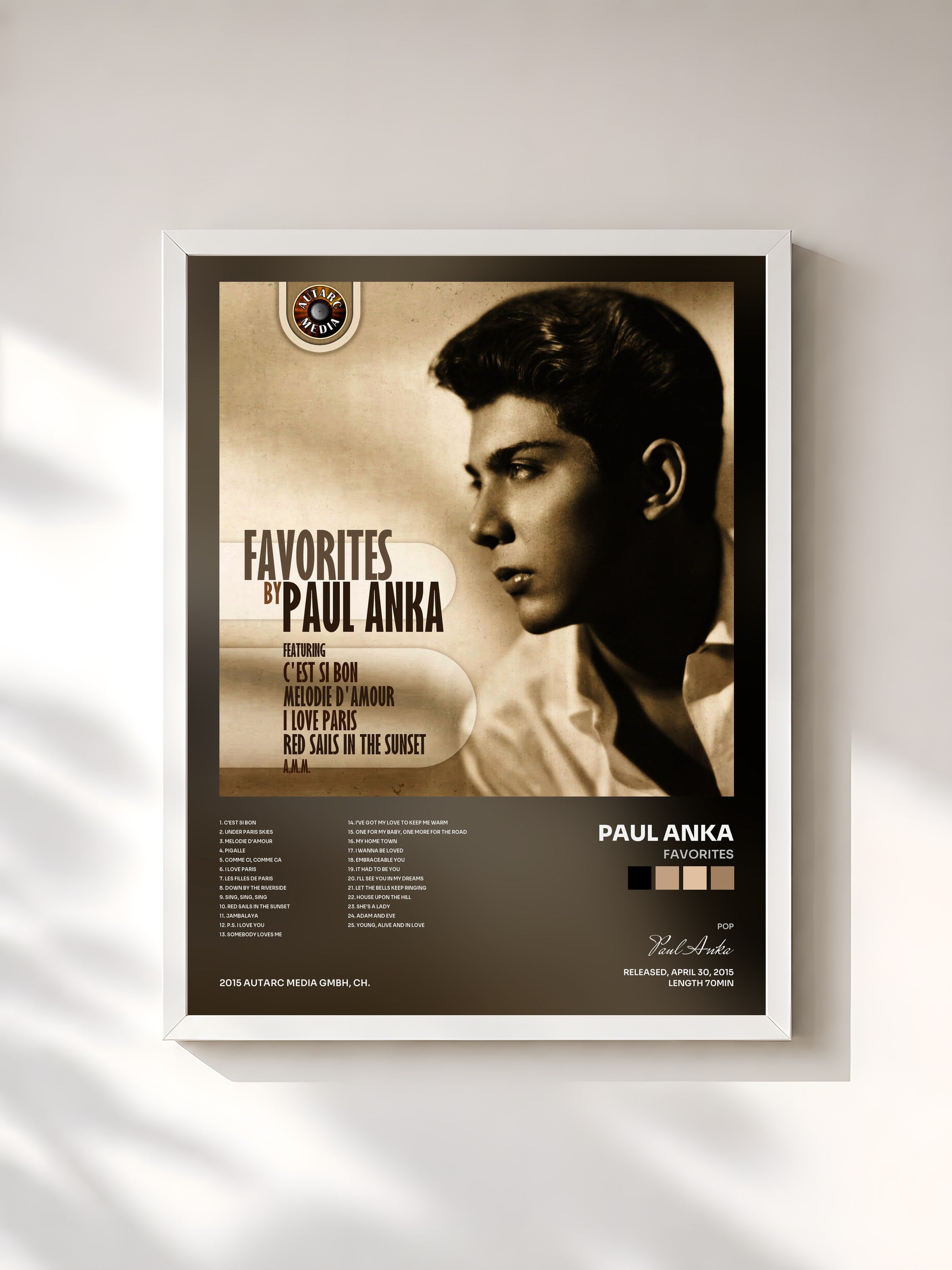 #blanc Tableau de l'album Favorites de Paul Anka, cadre blanc, imprimé et encadré en France
