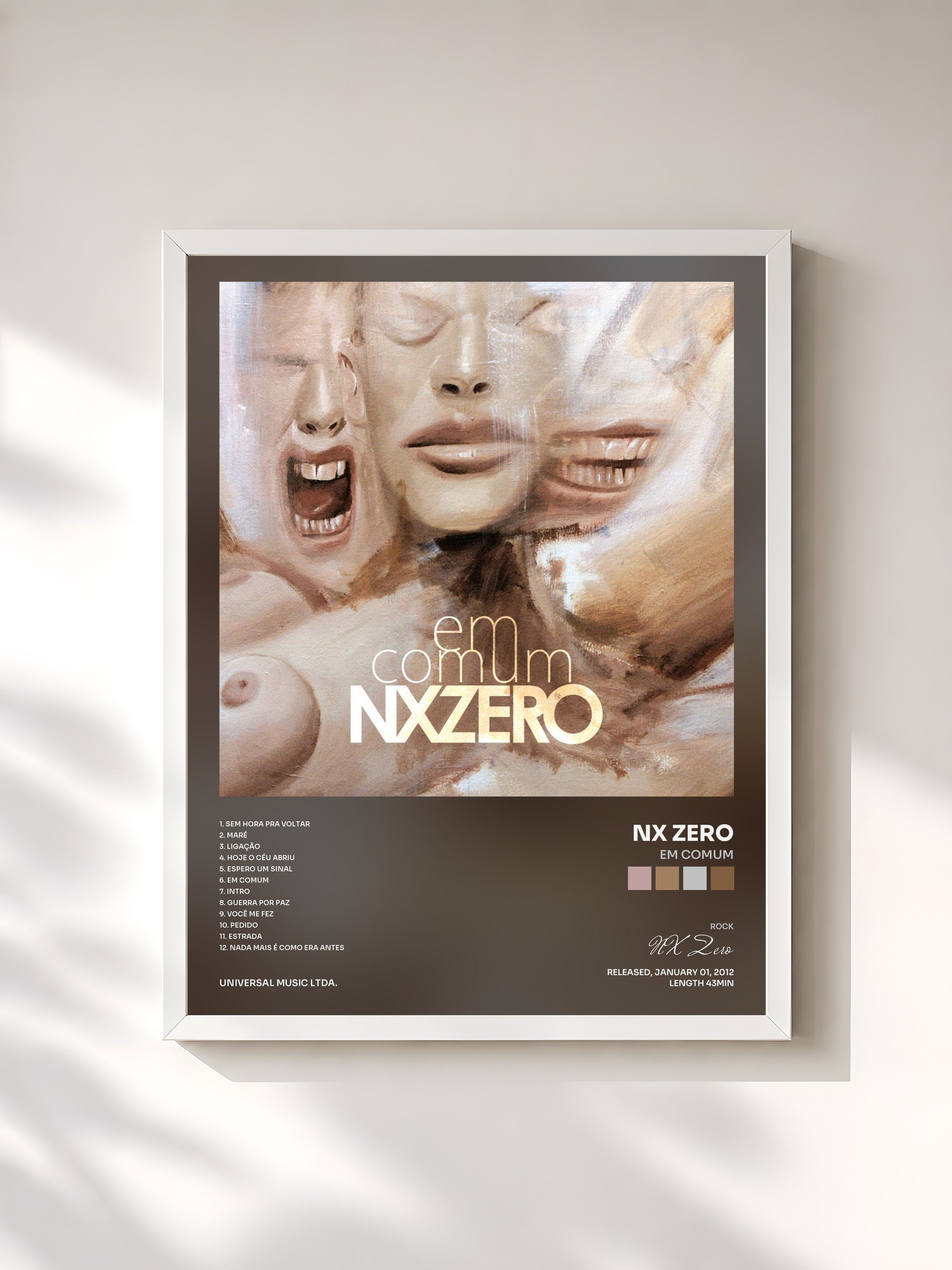 #blanc Tableau de l'album Em Comum de NX Zero, cadre blanc, imprimé et encadré en France