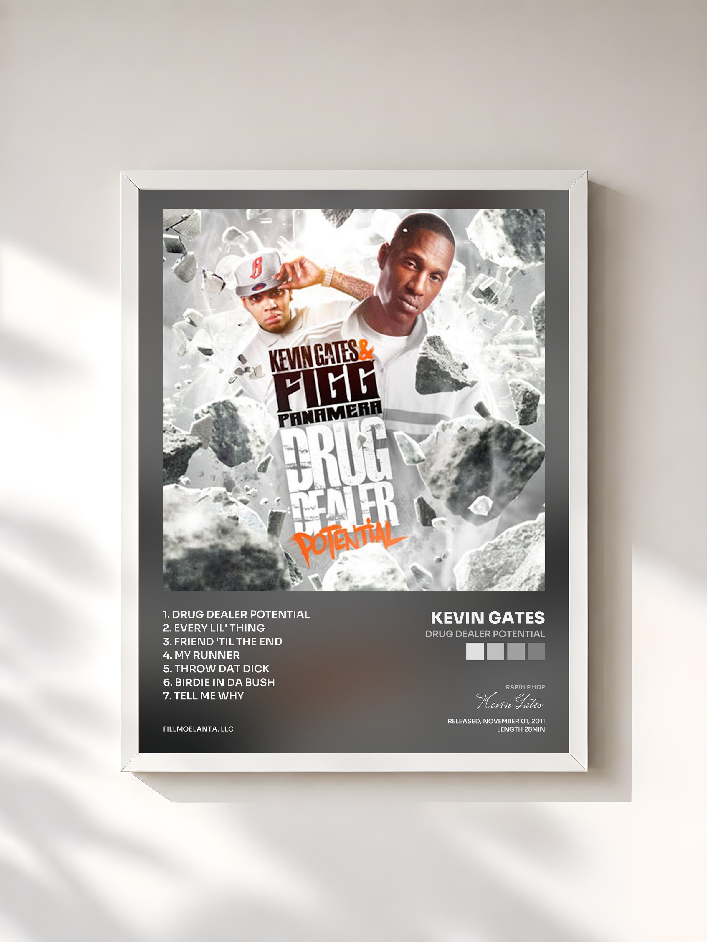 #blanc Tableau de l'album Drug Dealer Potential de Kevin Gates, cadre blanc, imprimé et encadré en France