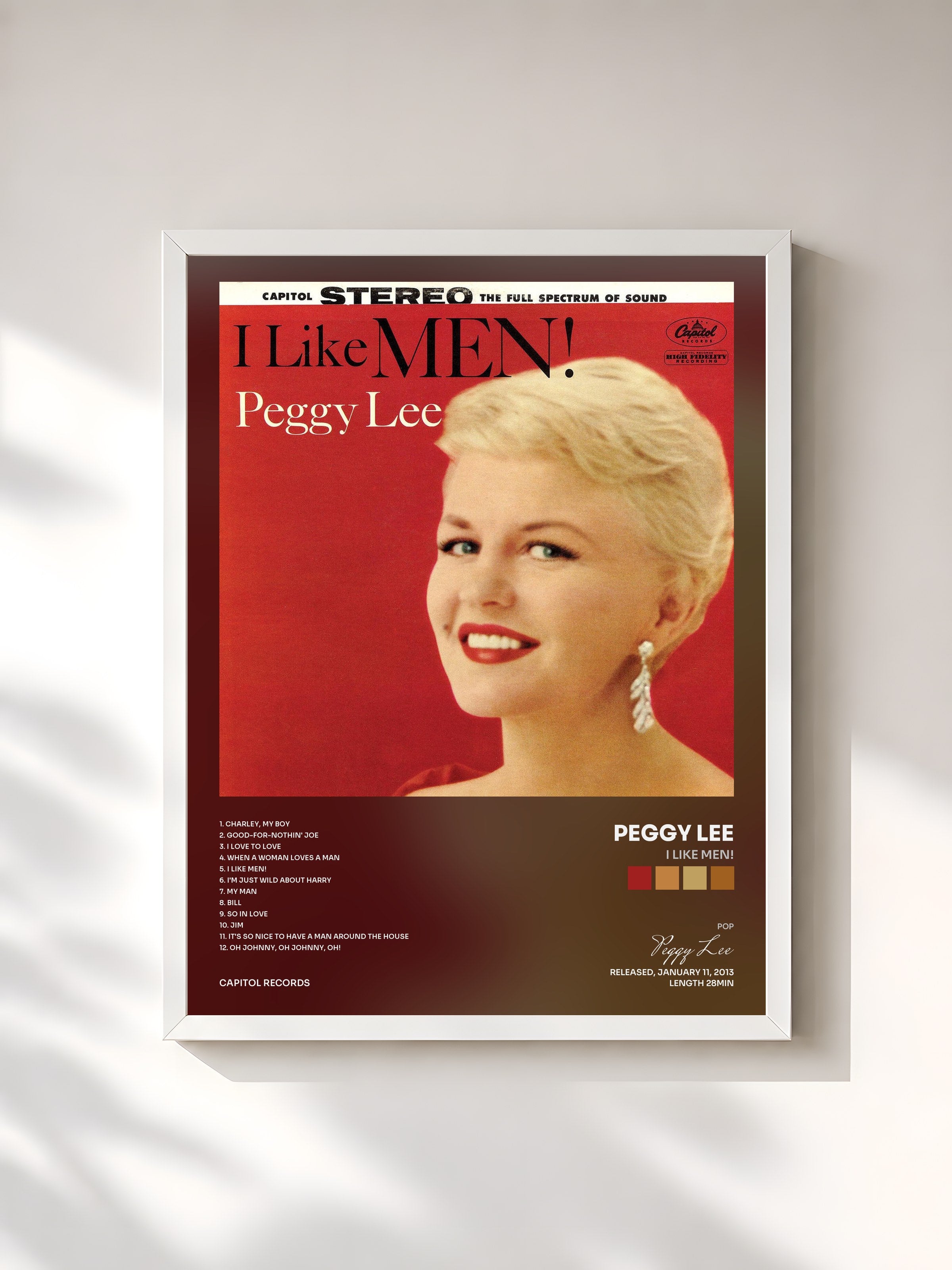 #blanc Tableau de l'album I Like Men! de Peggy Lee, cadre blanc, imprimé et encadré en France