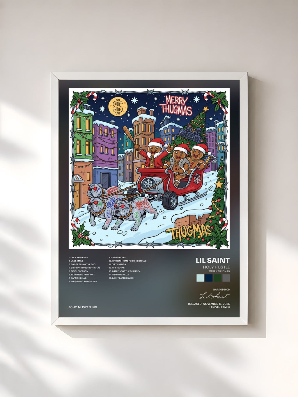 #blanc Holy Hustle (Merry Thugmas) de Lil Saint en lámina enmarcada, marco blanco, impresa y enmarcada en Francia