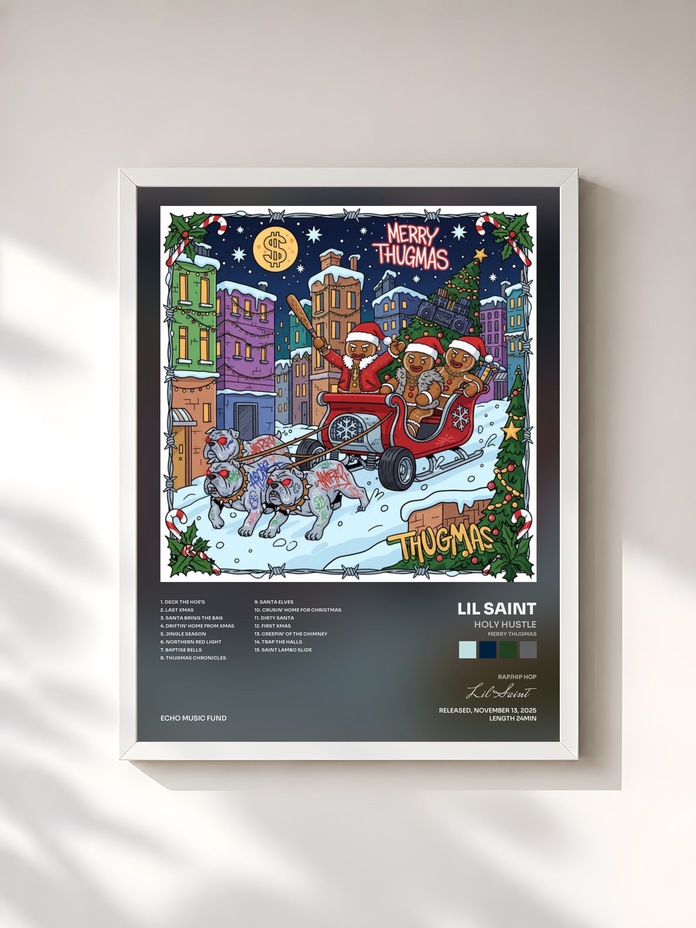 #blanc Tableau de l'album Holy Hustle (Merry Thugmas) de Lil Saint, cadre blanc, imprimé et encadré en France
