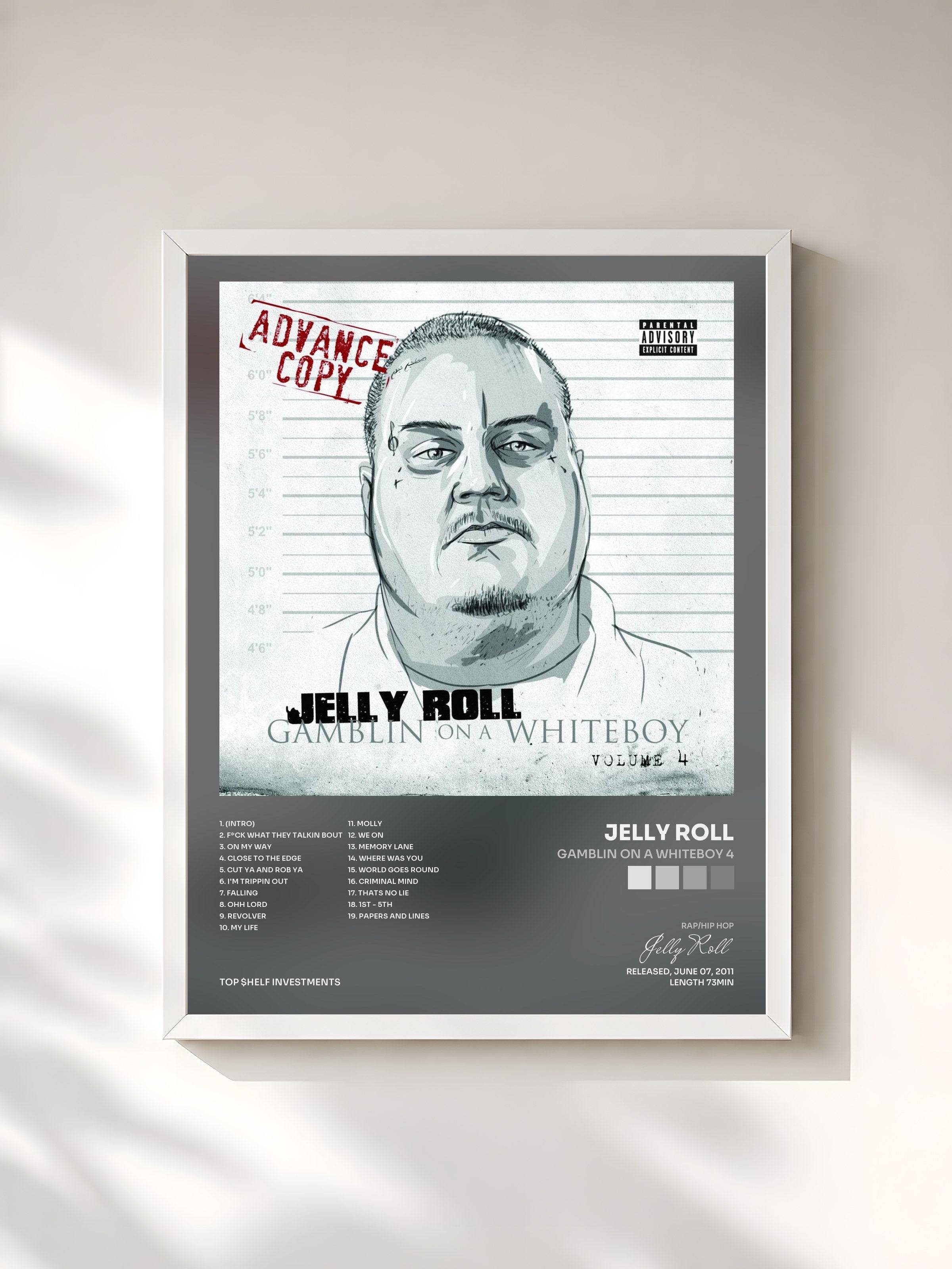#blanc Tableau de l'album Gamblin on a Whiteboy 4 de Jelly Roll, cadre blanc, imprimé et encadré en France