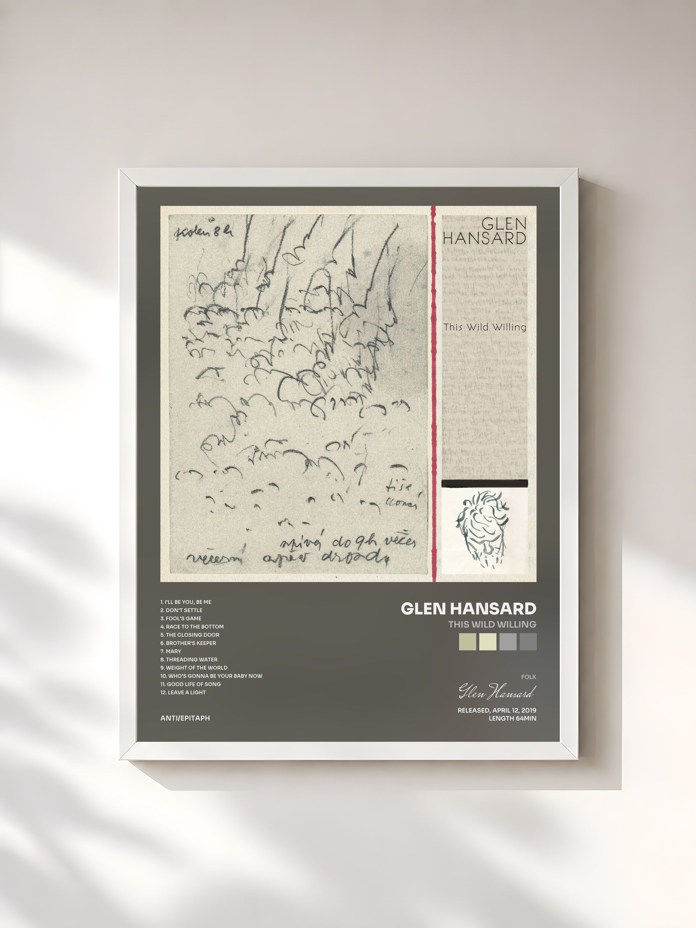 #blanc Tableau de l'album This Wild Willing de Glen Hansard, cadre blanc, imprimé et encadré en France