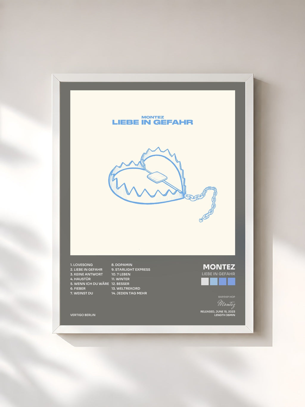 #blanc LIEBE IN GEFAHR by Montez as a framed art print, white frame, printed and framed in France