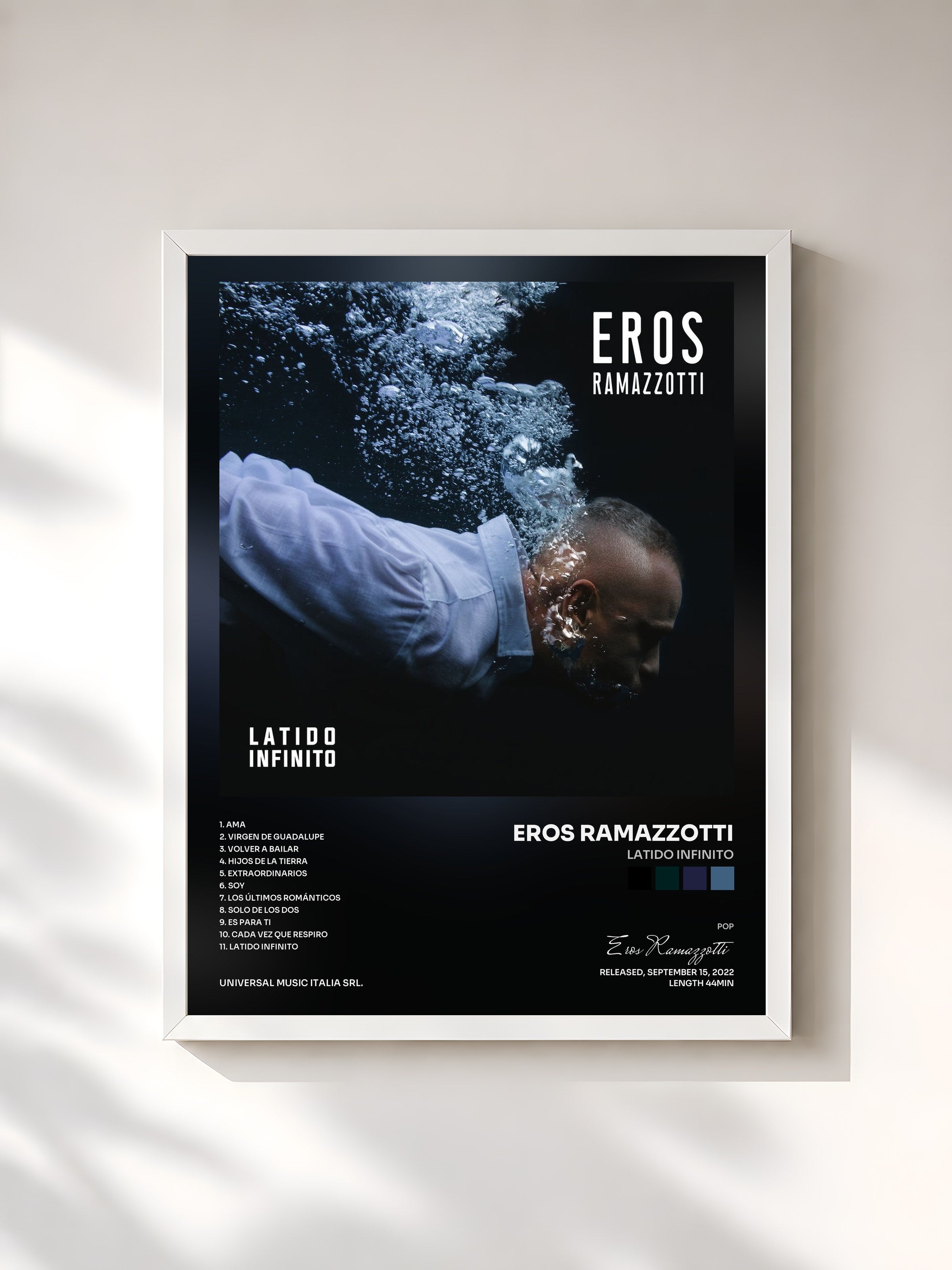 #blanc Tableau de l'album Latido Infinito de Eros Ramazzotti, cadre blanc, imprimé et encadré en France