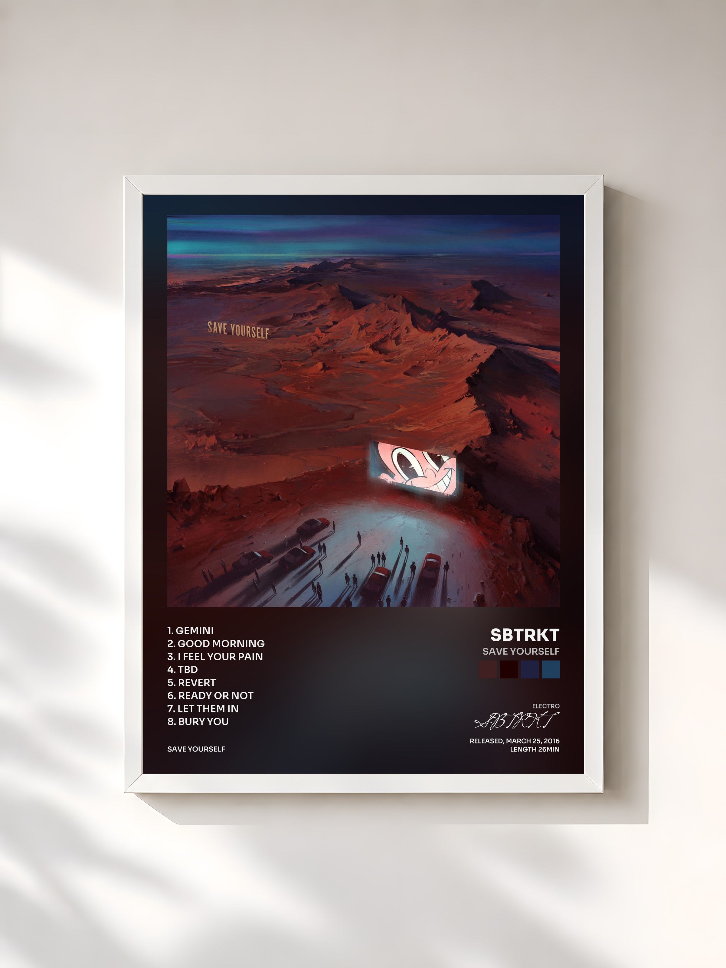 #blanc Tableau de l'album SAVE YOURSELF de SBTRKT, cadre blanc, imprimé et encadré en France