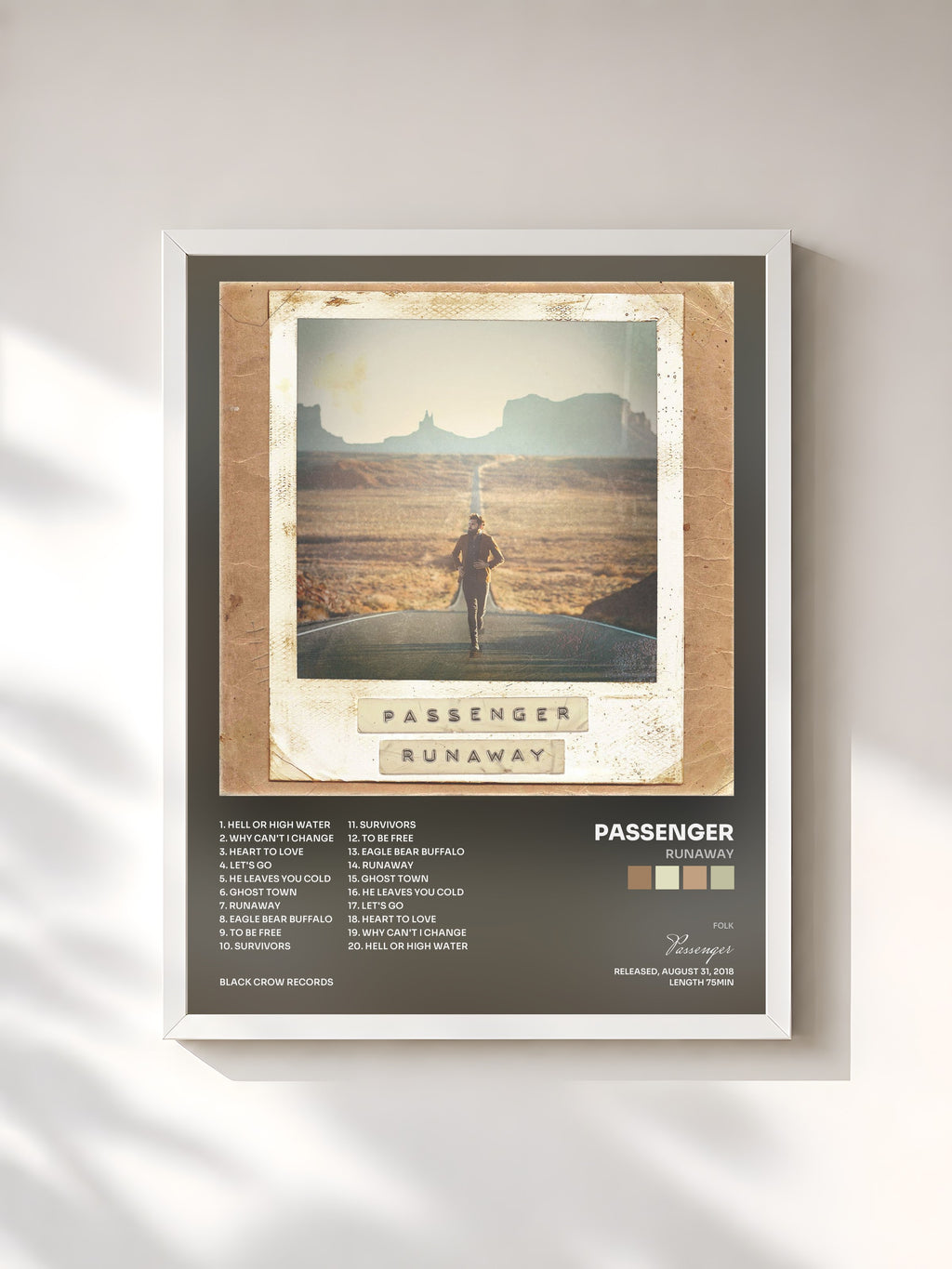 #blanc Tableau de l'album Runaway de Passenger, cadre blanc, imprimé et encadré en France