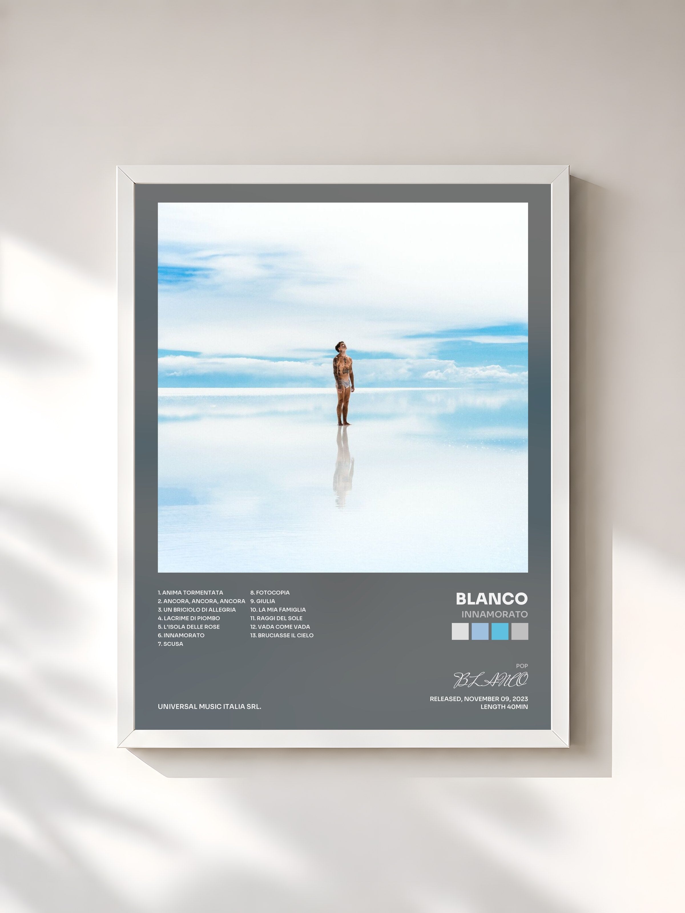 #blanc Tableau de l'album Innamorato de BLANCO, cadre blanc, imprimé et encadré en France