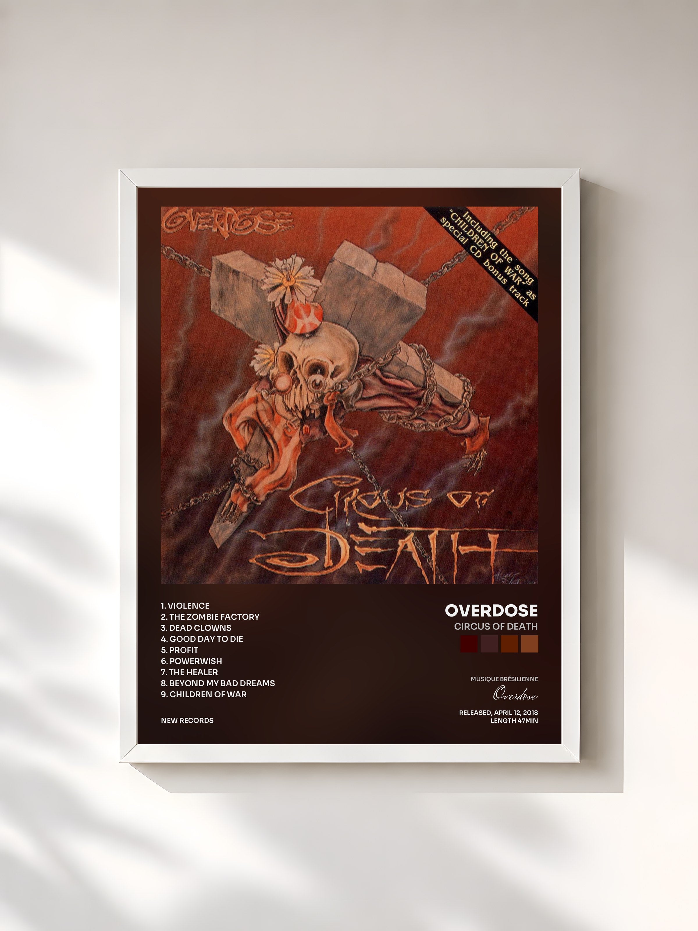 #blanc Tableau de l'album Circus Of Death de Overdose, cadre blanc, imprimé et encadré en France