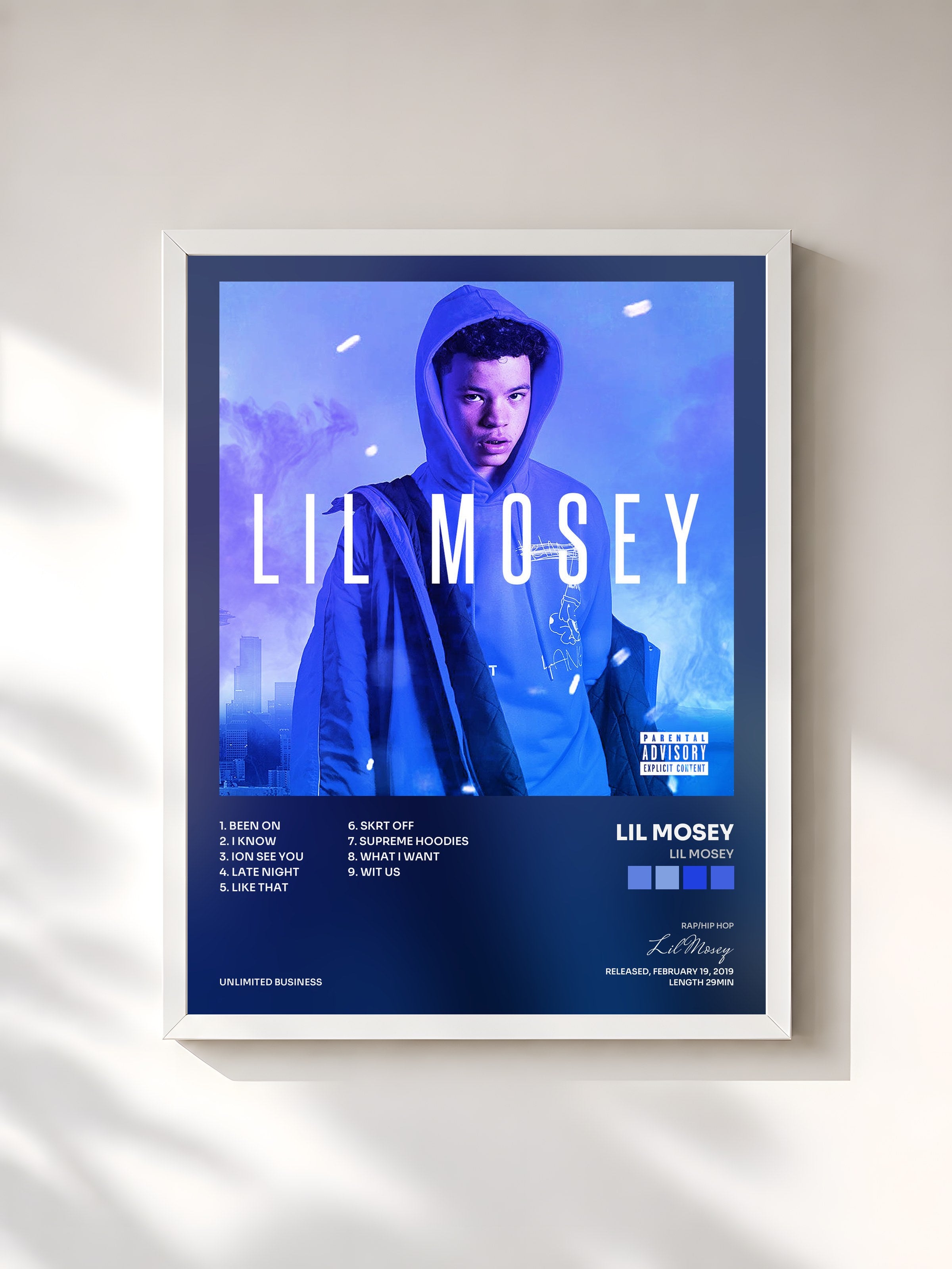 #blanc Tableau de l'album Lil Mosey de Lil Mosey, cadre blanc, imprimé et encadré en France