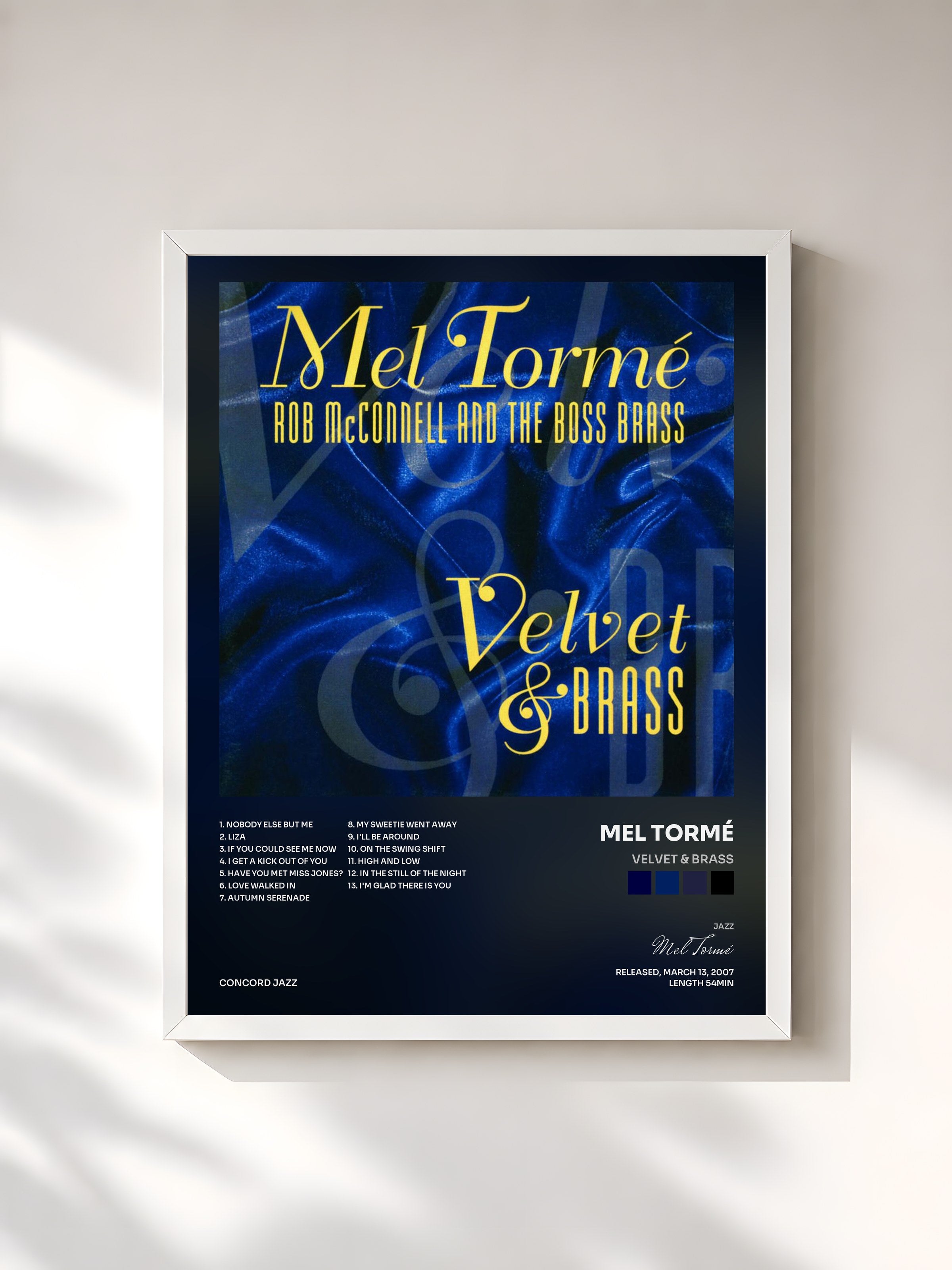 #blanc Tableau de l'album Velvet & Brass de Mel Tormé, cadre blanc, imprimé et encadré en France