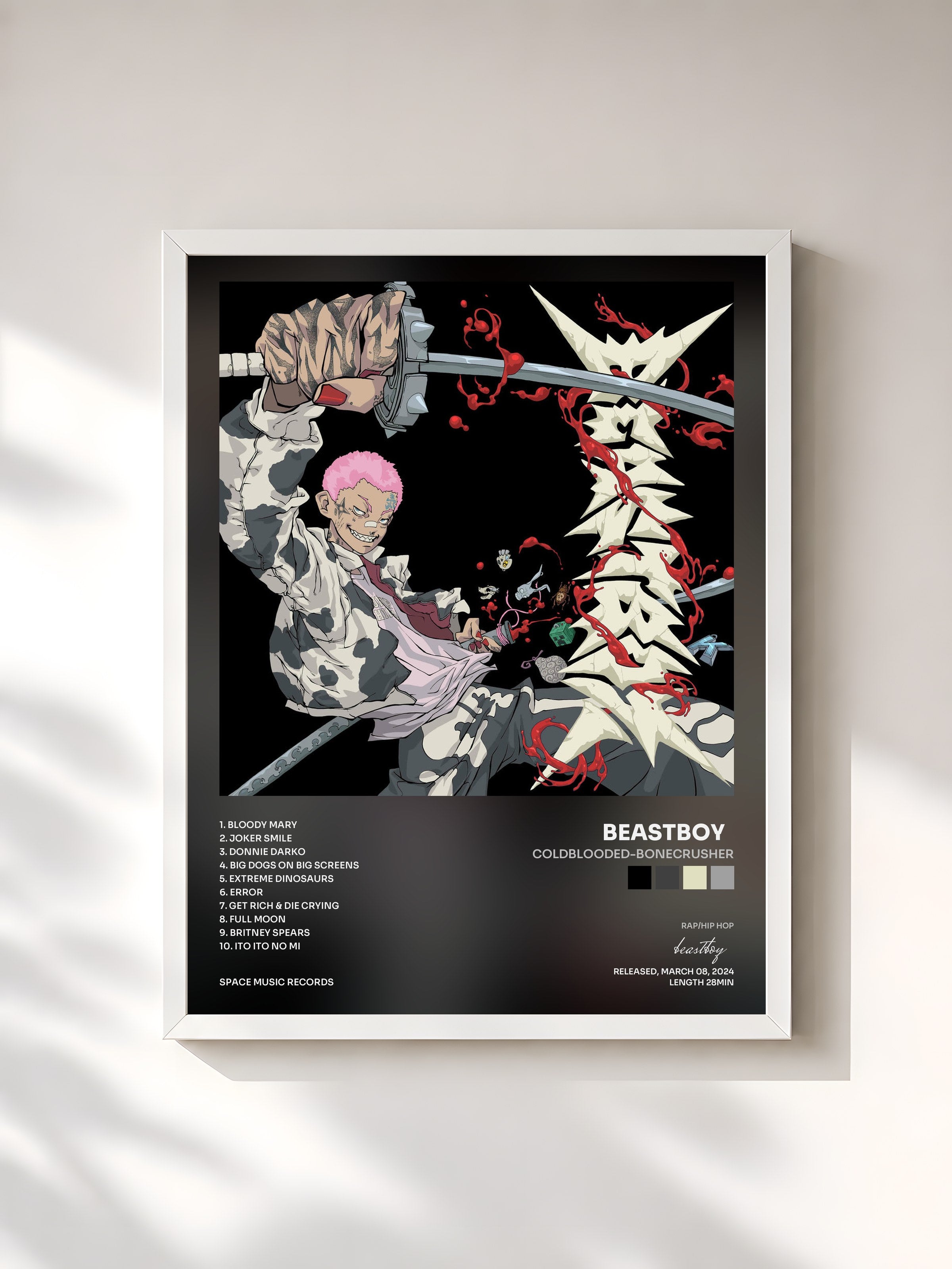 #blanc Tableau de l'album COLDBLOODED-BONECRUSHER de beastboy  , cadre blanc, imprimé et encadré en France