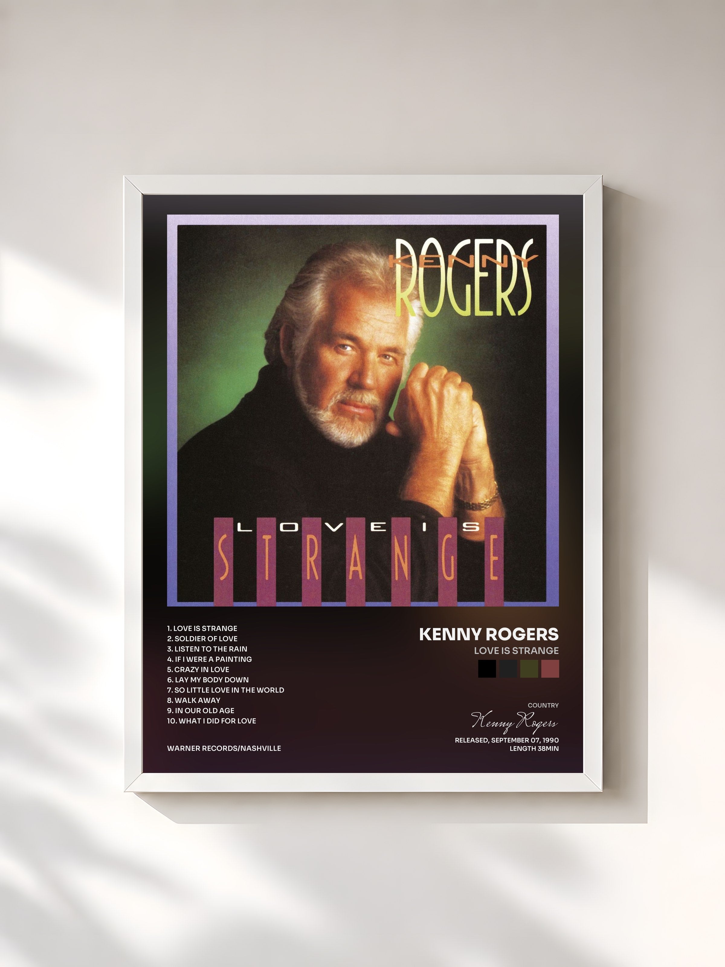 #blanc Tableau de l'album Love Is Strange de Kenny Rogers, cadre blanc, imprimé et encadré en France