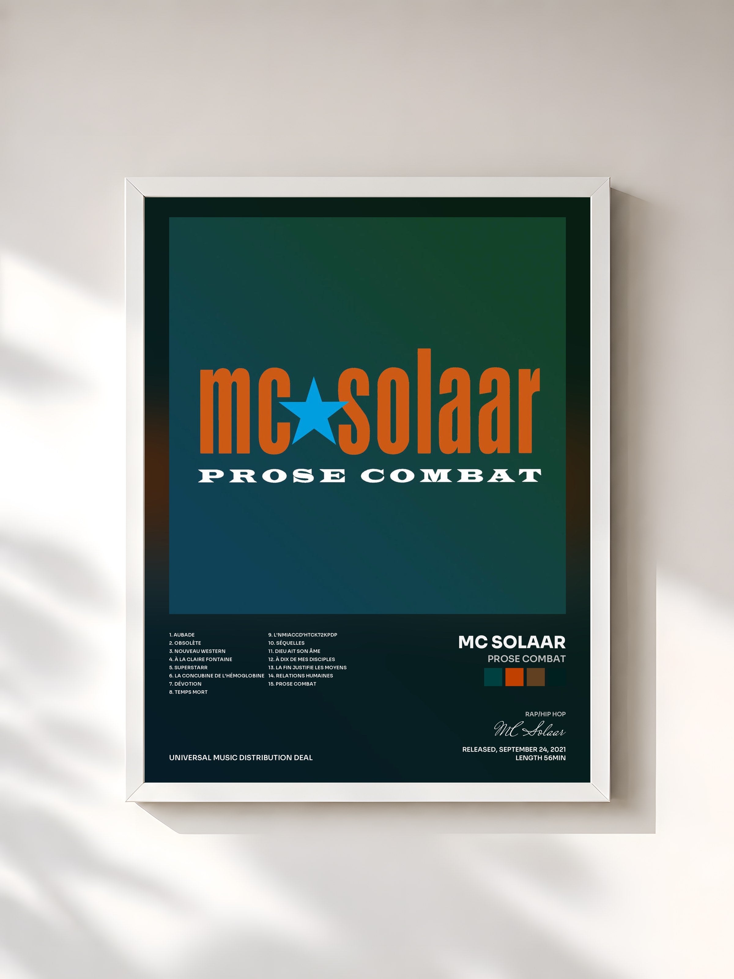 #blanc Tableau de l'album Prose combat de MC Solaar, cadre blanc, imprimé et encadré en France