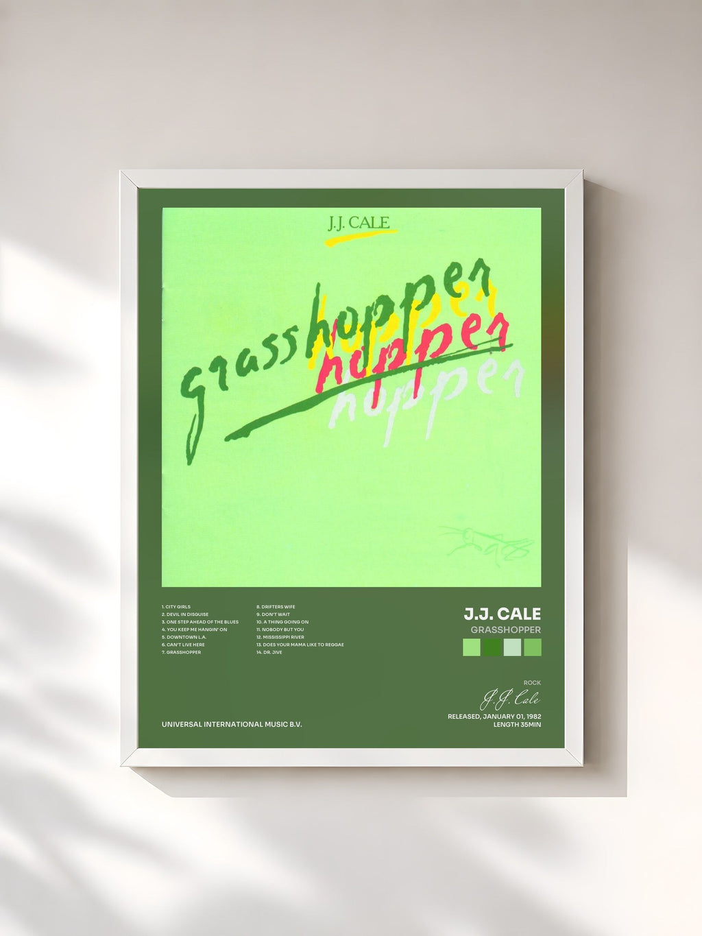 #blanc Grasshopper by J.J. Cale as a framed art print, white frame, printed and framed in France