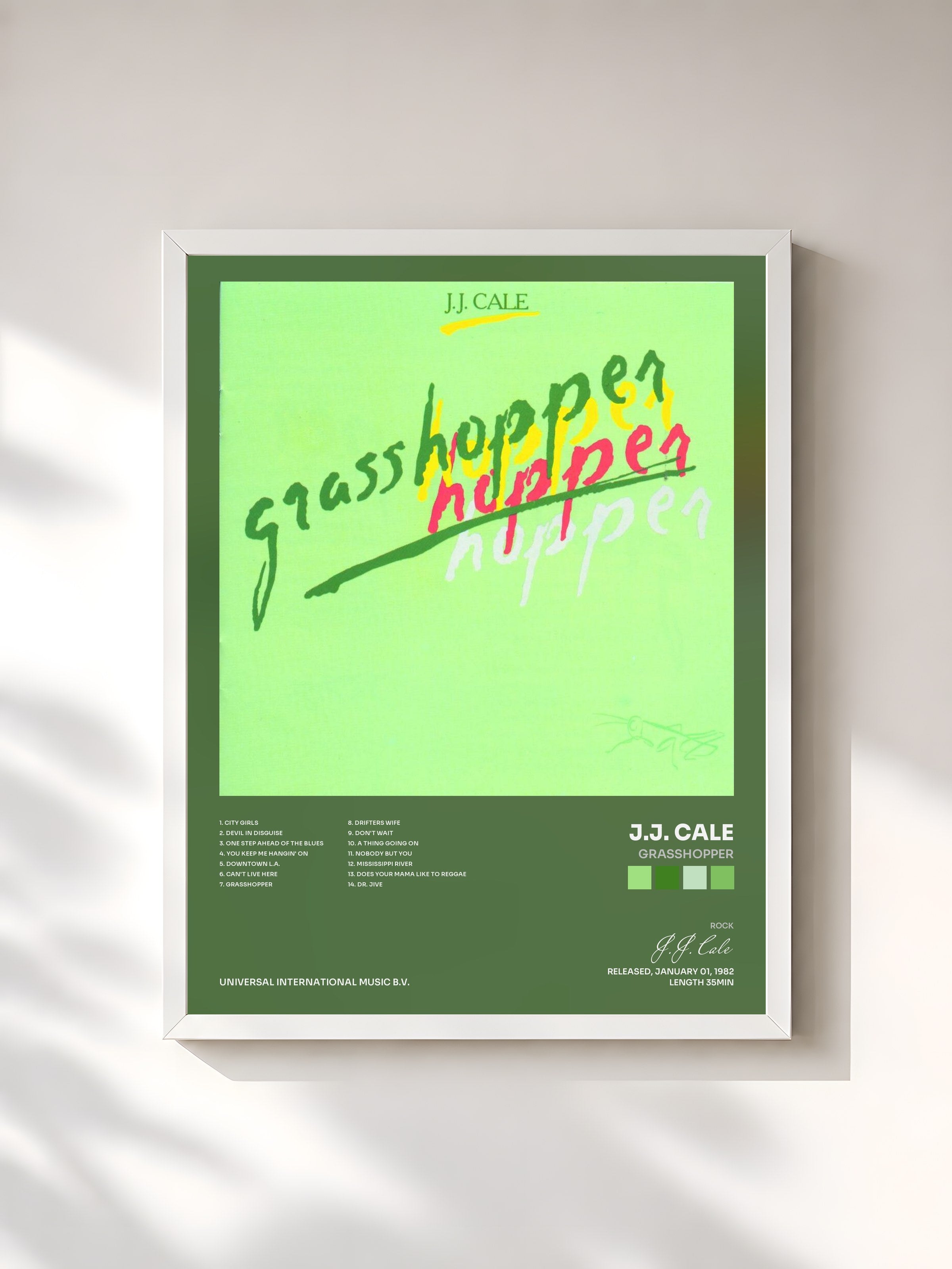 #blanc Tableau de l'album Grasshopper de J.J. Cale, cadre blanc, imprimé et encadré en France