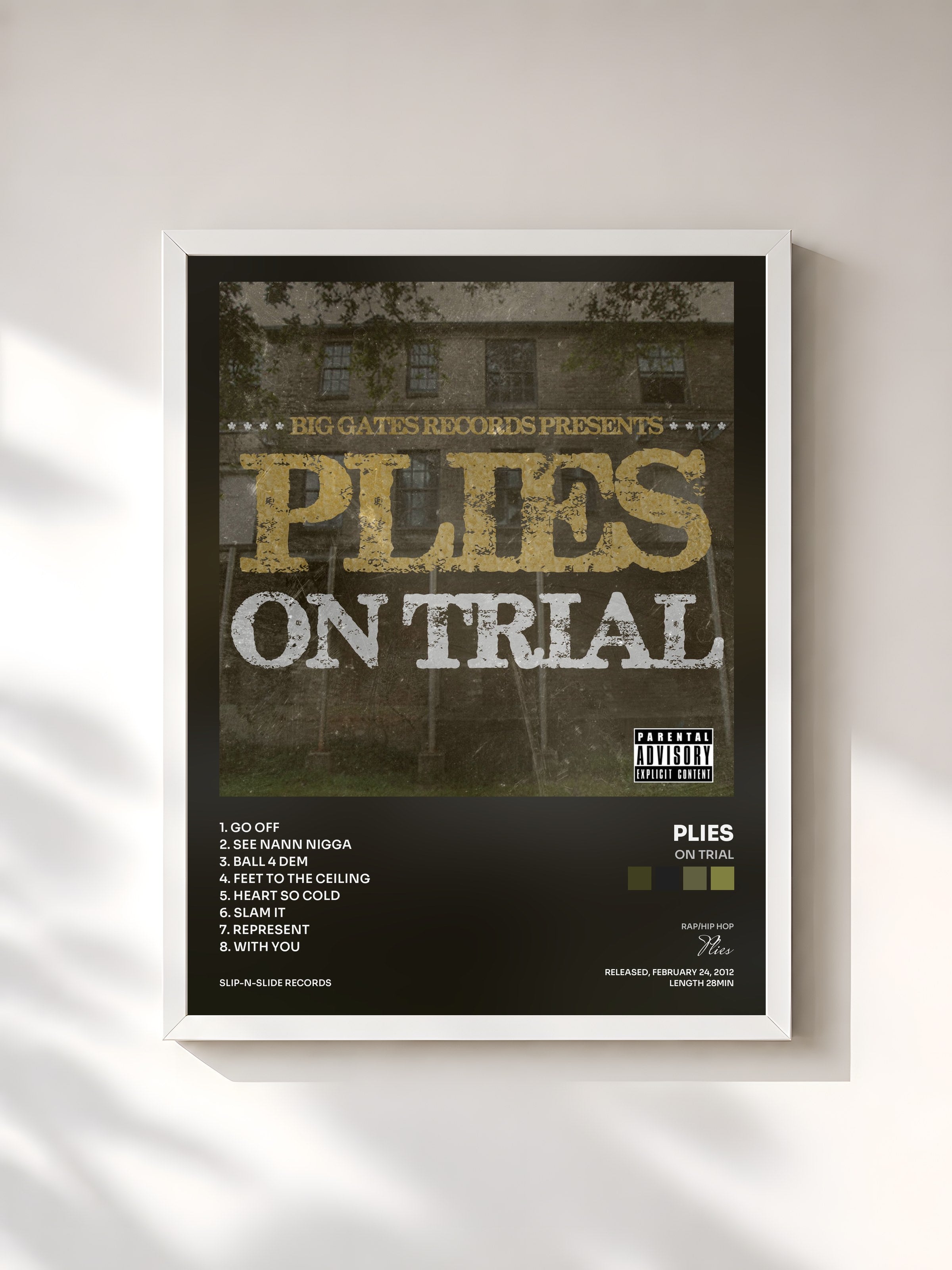 #blanc Tableau de l'album On Trial de Plies, cadre blanc, imprimé et encadré en France