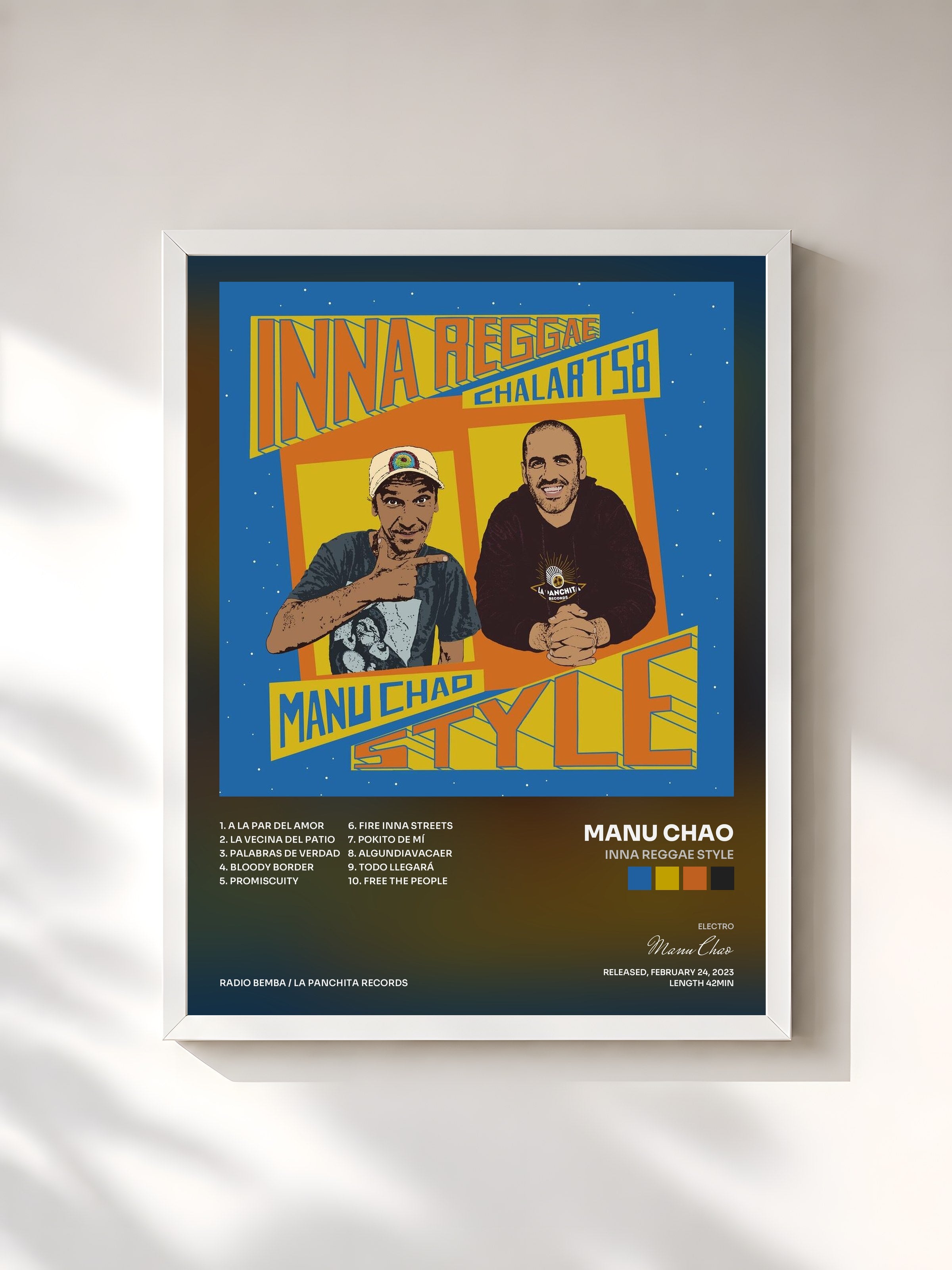 #blanc Tableau de l'album Inna Reggae Style de Manu Chao, cadre blanc, imprimé et encadré en France