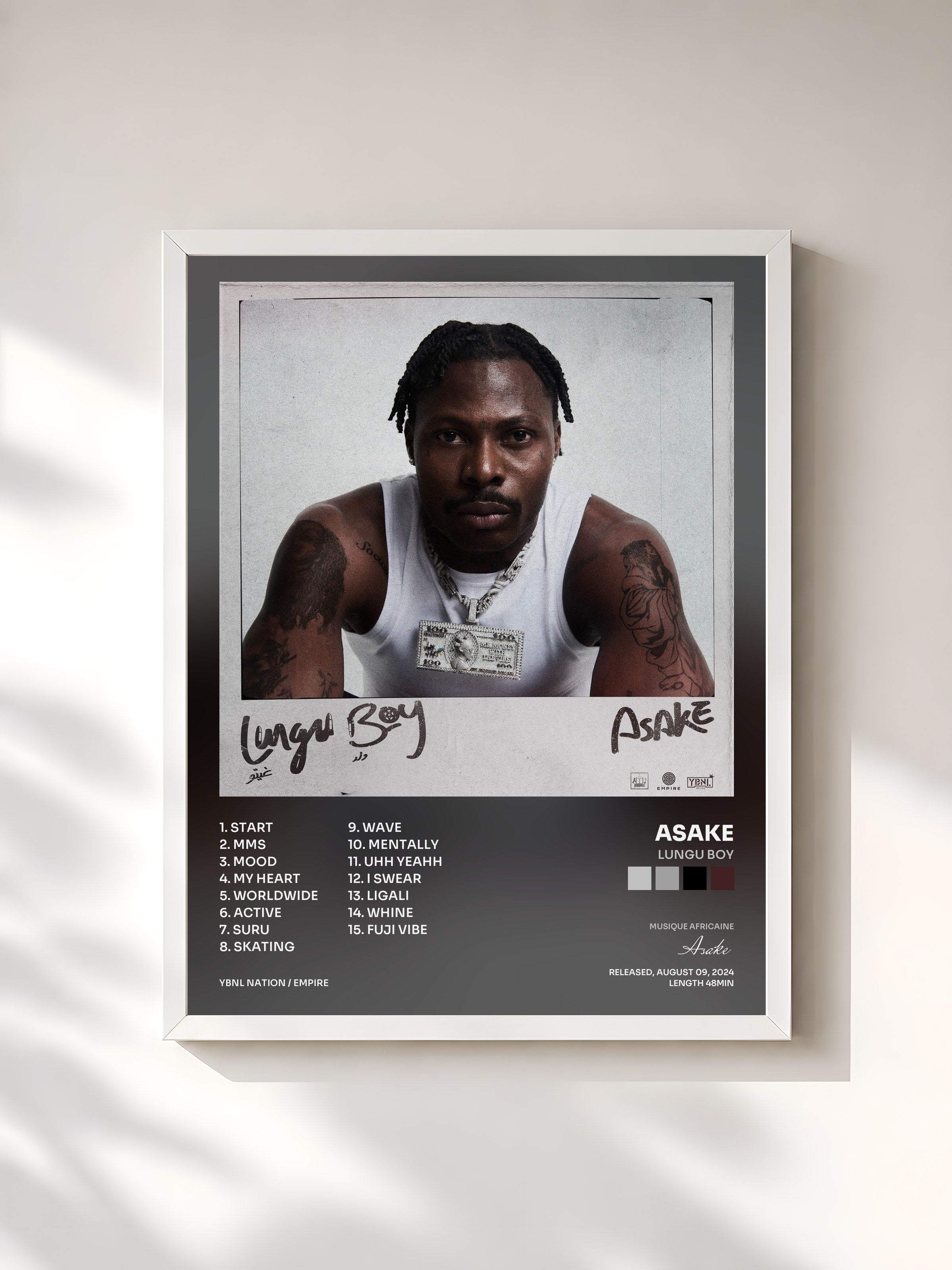 #blanc Tableau de l'album Lungu Boy de Asake, cadre blanc, imprimé et encadré en France