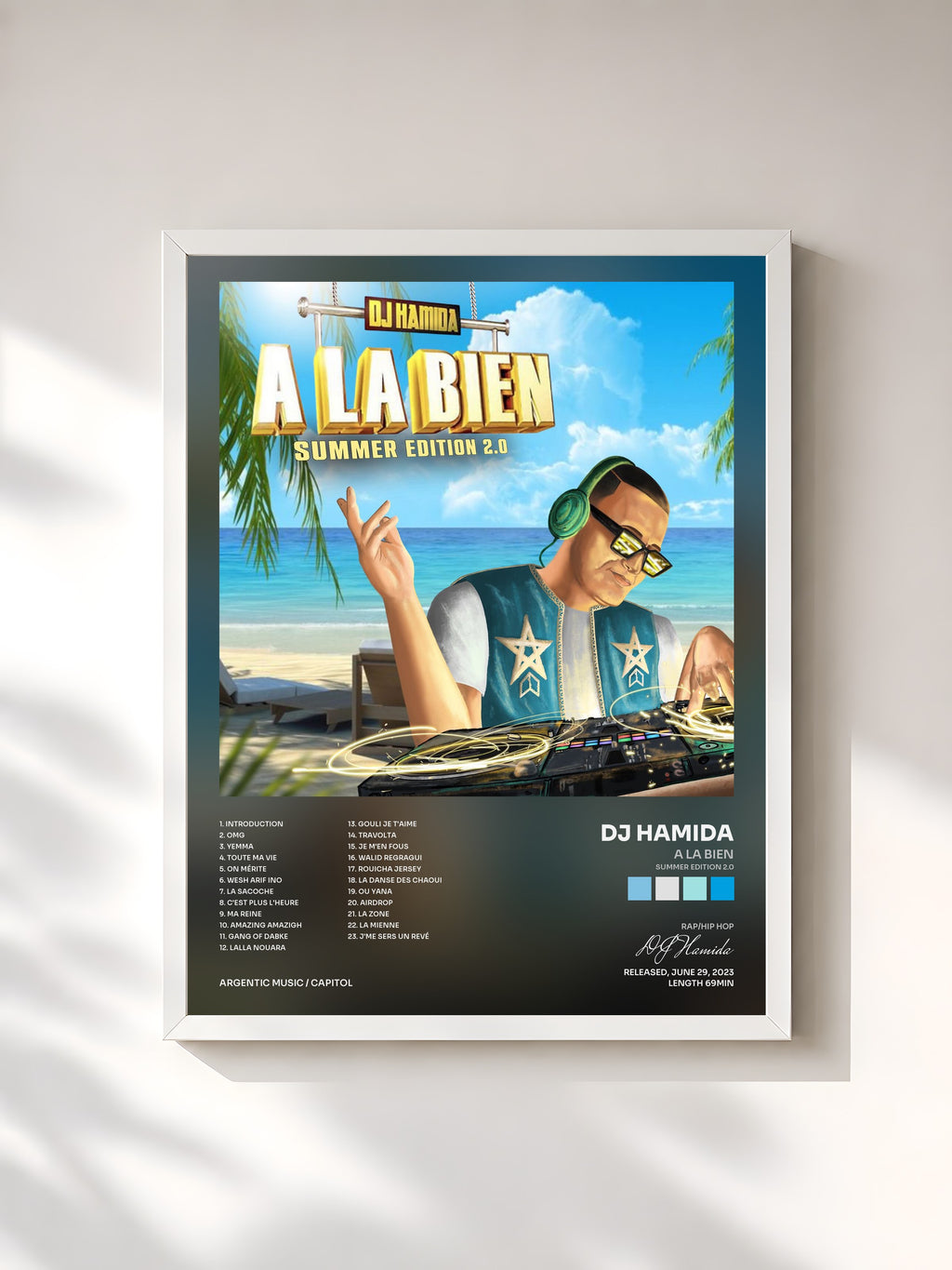 #blanc Tableau de l'album A la bien (Summer Edition 2.0) de DJ Hamida, cadre blanc, imprimé et encadré en France