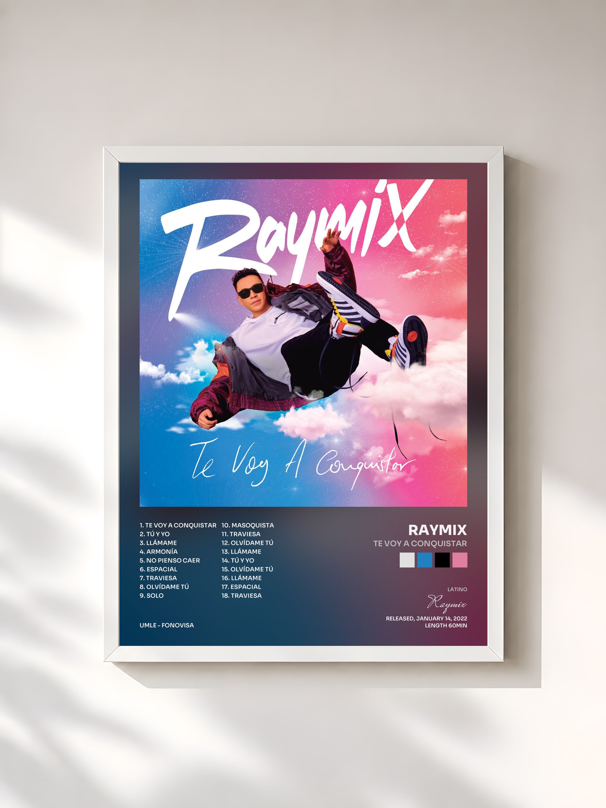 #blanc Tableau de l'album Te Voy A Conquistar de Raymix, cadre blanc, imprimé et encadré en France