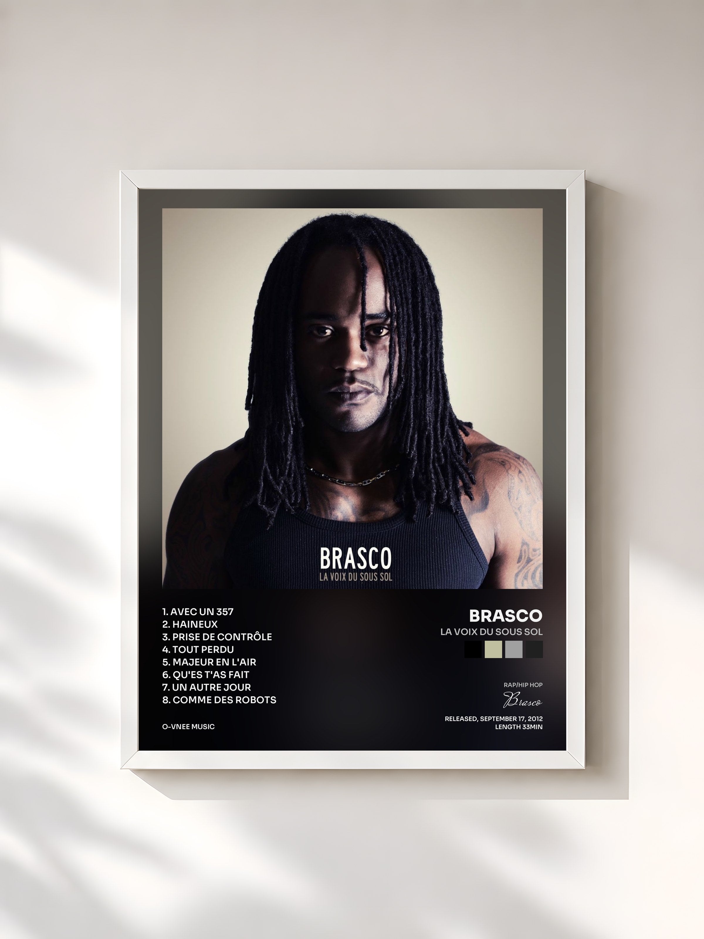 #blanc Tableau de l'album La voix du sous sol de Brasco, cadre blanc, imprimé et encadré en France
