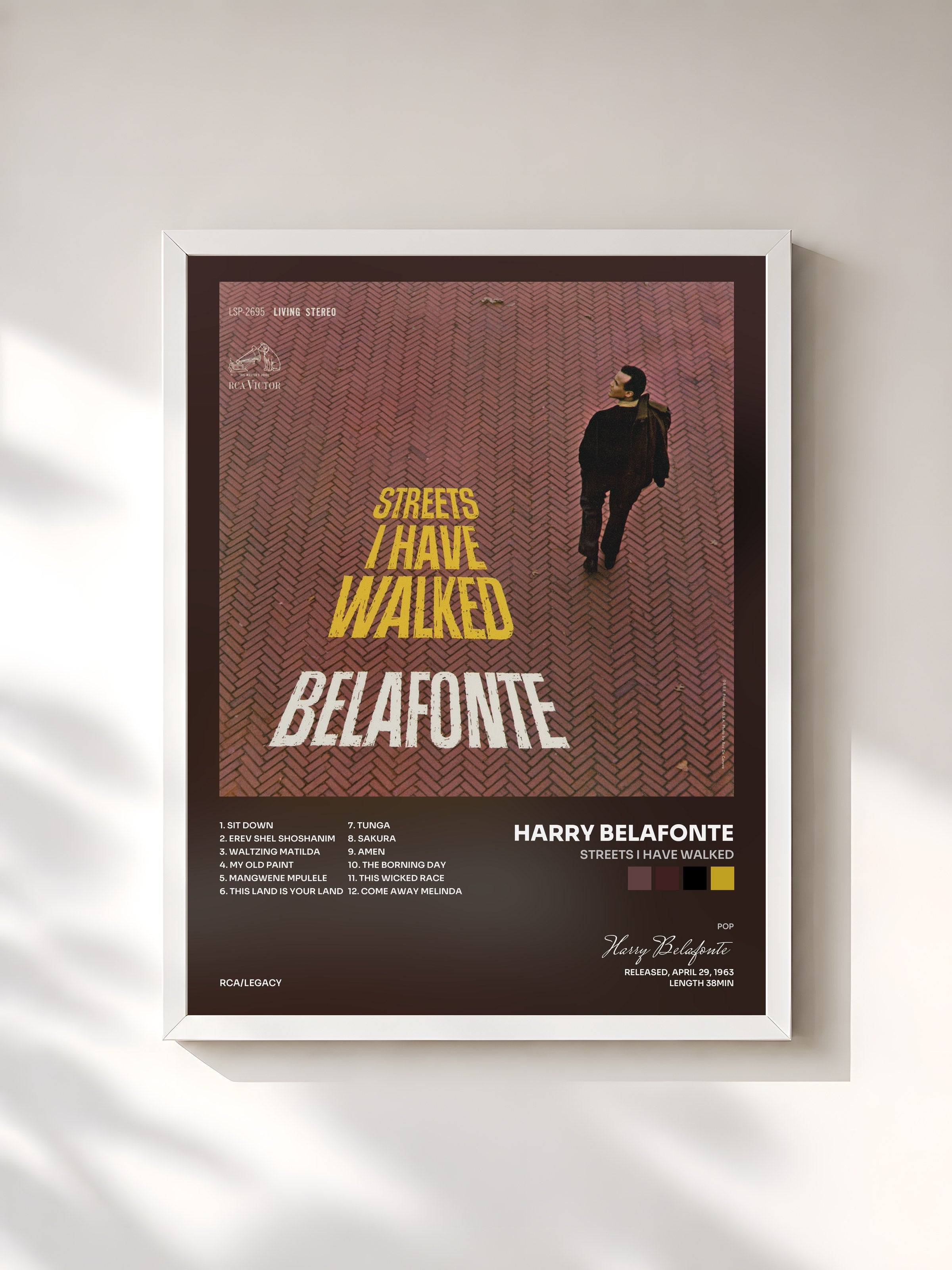 #blanc Tableau de l'album Streets I Have Walked de Harry Belafonte, cadre blanc, imprimé et encadré en France