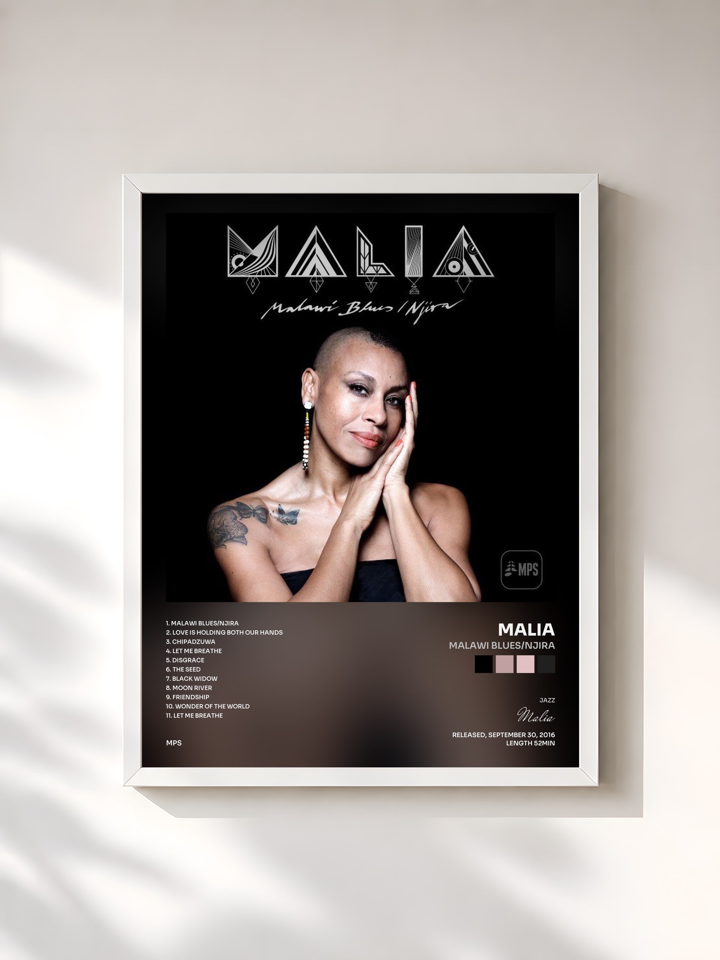 #blanc Tableau de l'album Malawi Blues/Njira de Malia, cadre blanc, imprimé et encadré en France
