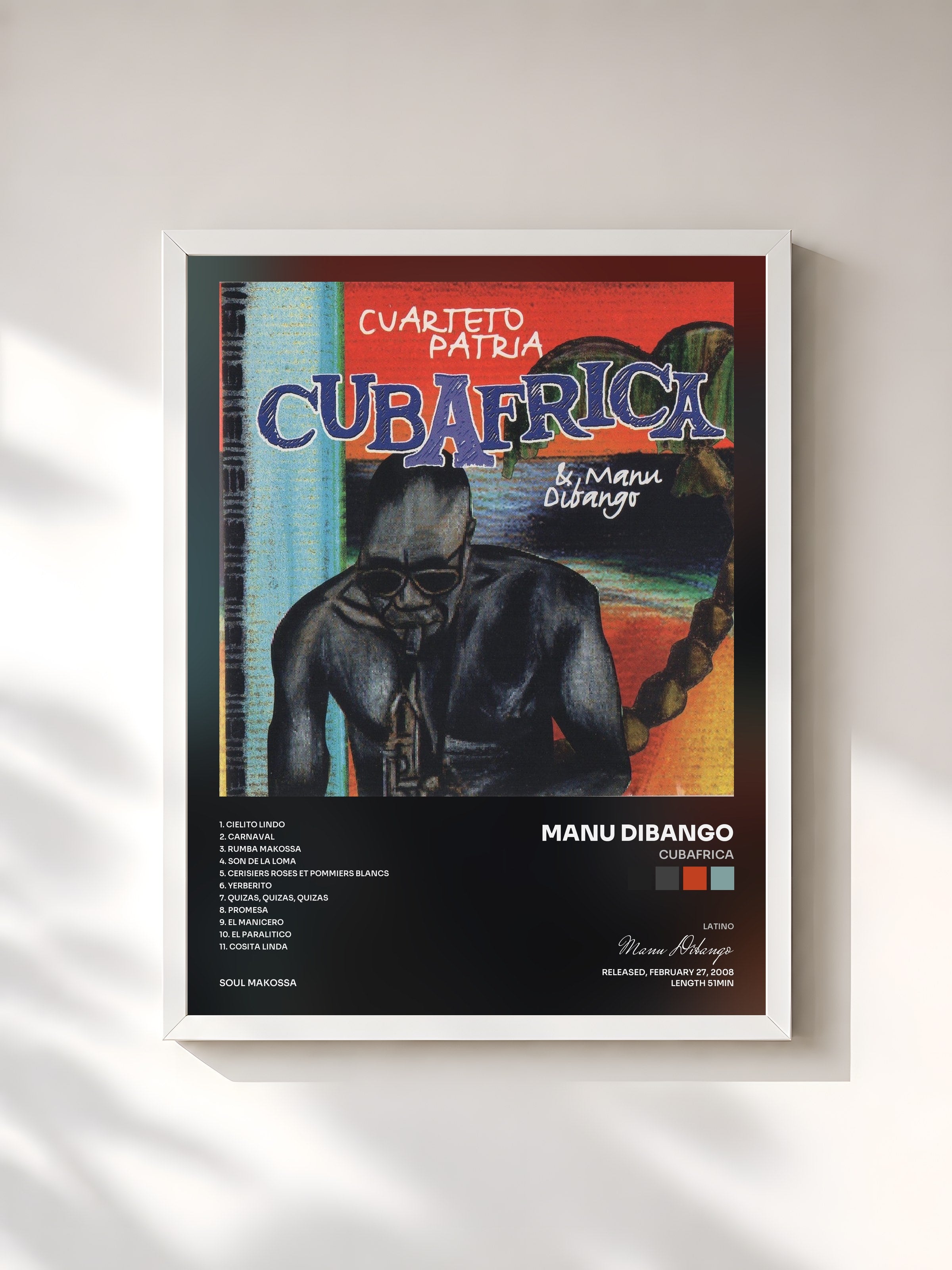 #blanc Tableau de l'album Cubafrica de Manu Dibango, cadre blanc, imprimé et encadré en France