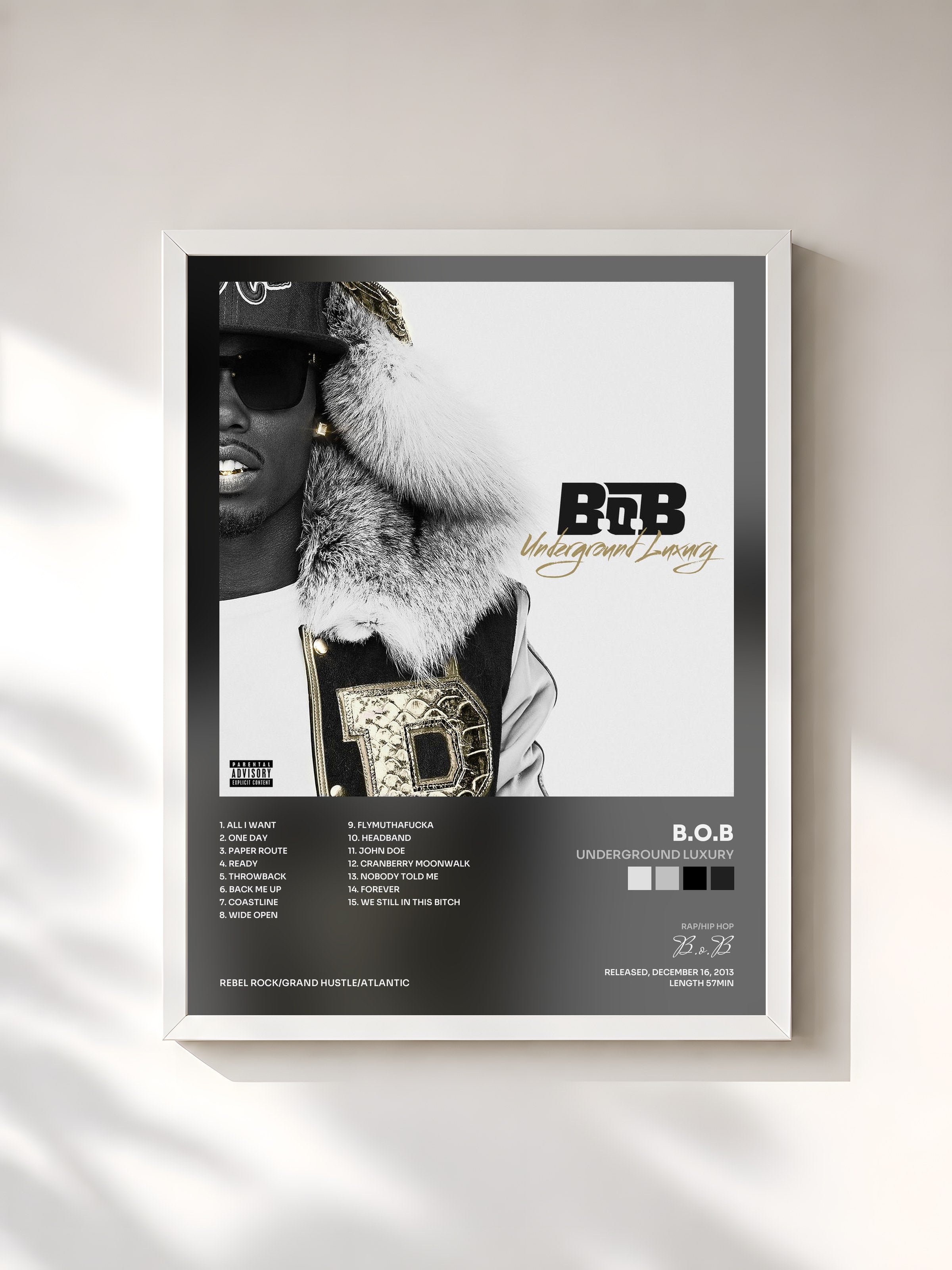 #blanc Tableau de l'album Underground Luxury de B.o.B, cadre blanc, imprimé et encadré en France