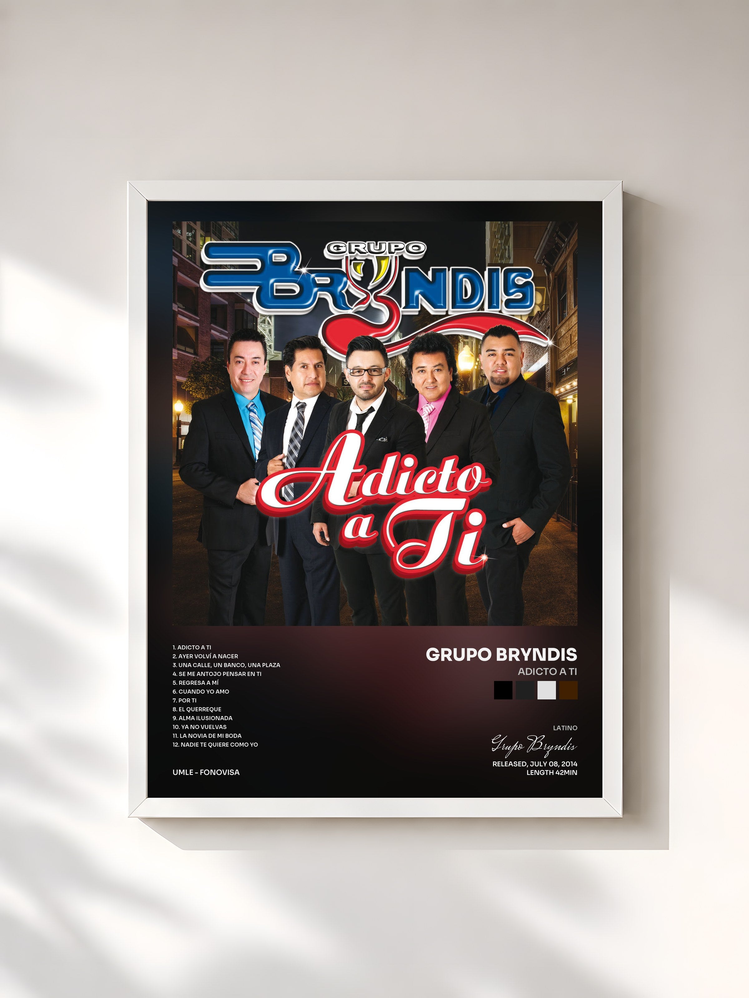 #blanc Tableau de l'album Adicto A Ti de Grupo Bryndis, cadre blanc, imprimé et encadré en France