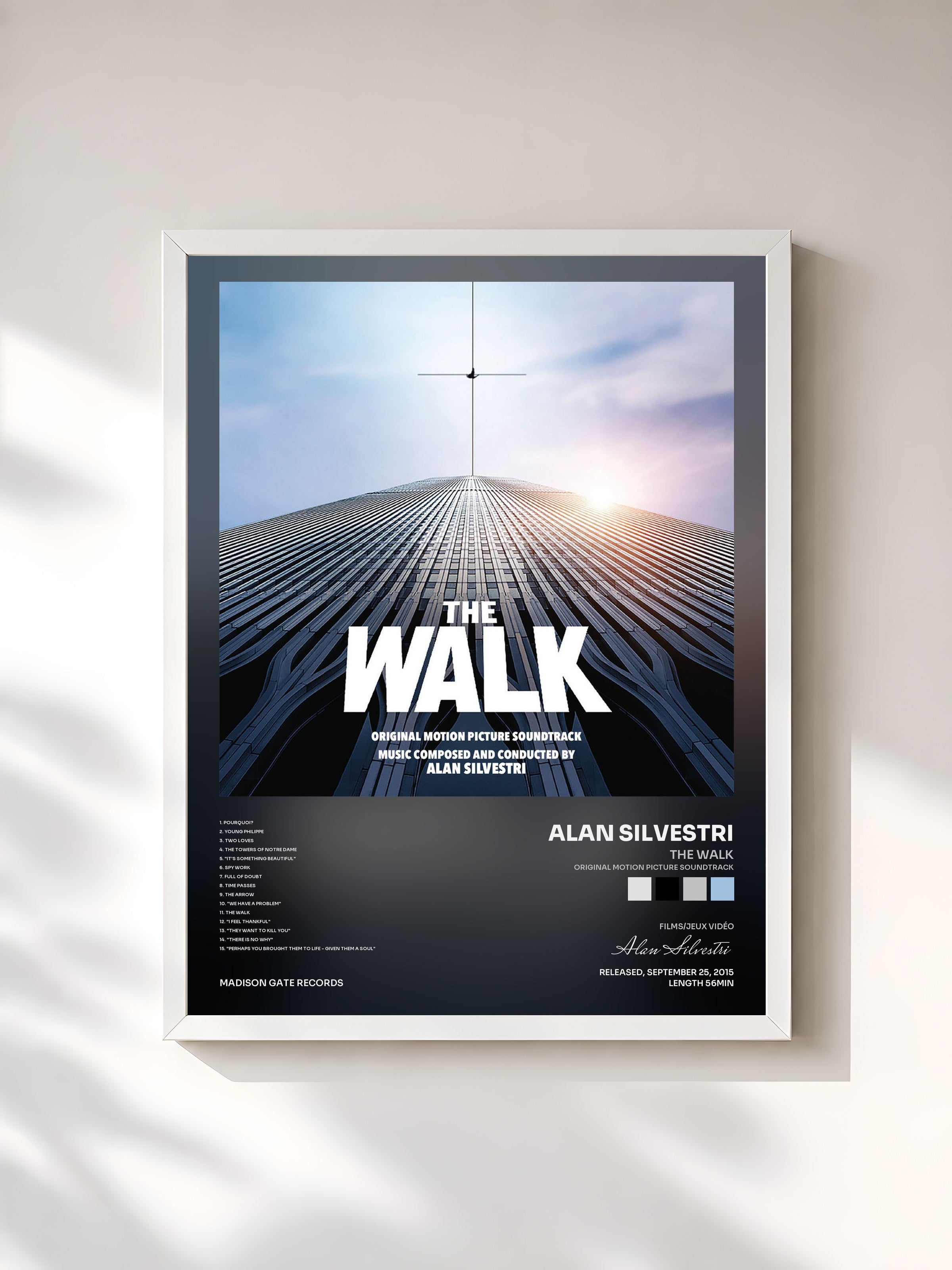#blanc Tableau de l'album The Walk (Original Motion Picture Soundtrack) de Alan Silvestri, cadre blanc, imprimé et encadré en France