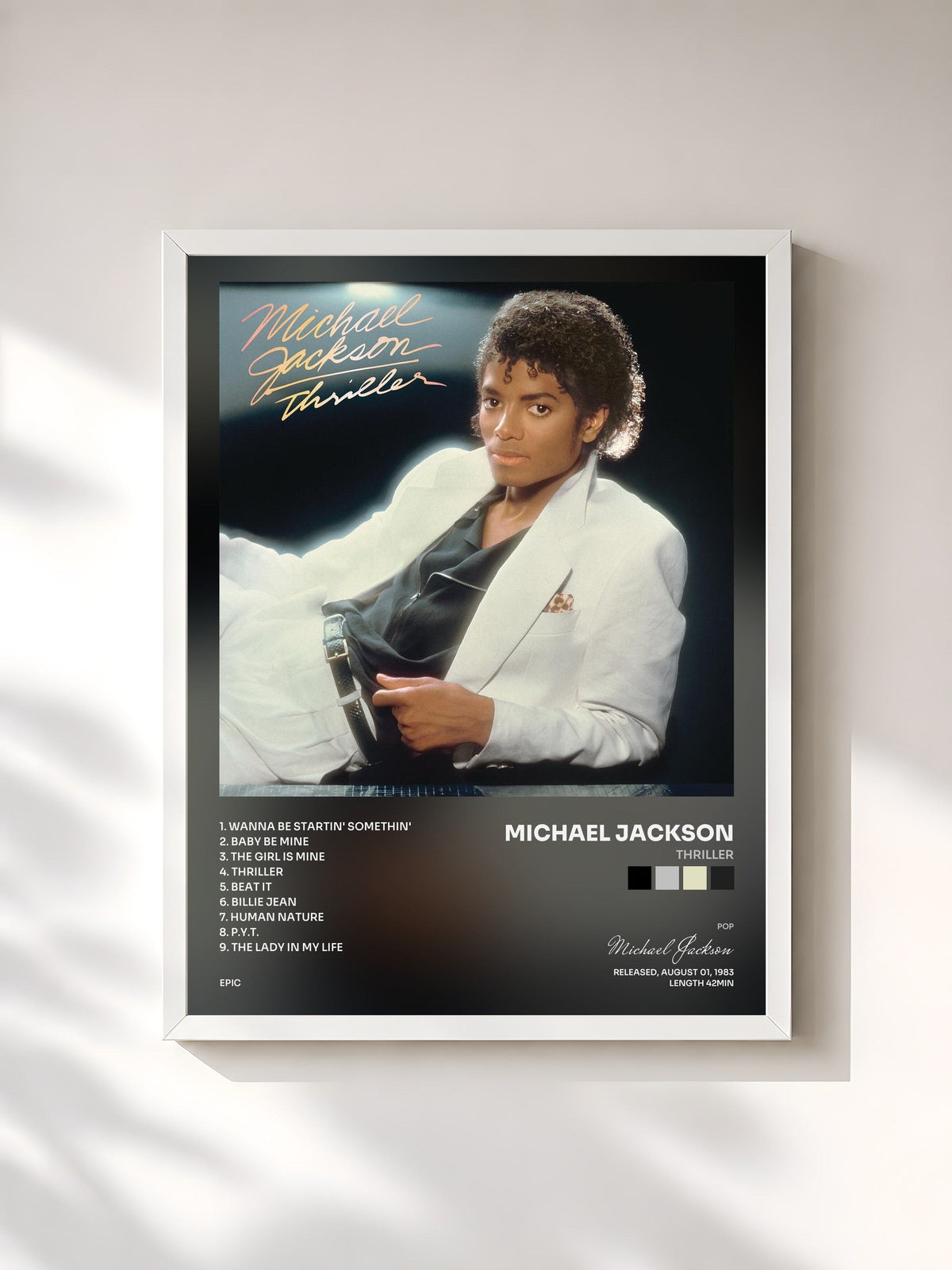 #blanc Tableau de l'album Thriller de Michael Jackson, cadre blanc, imprimé et encadré en France