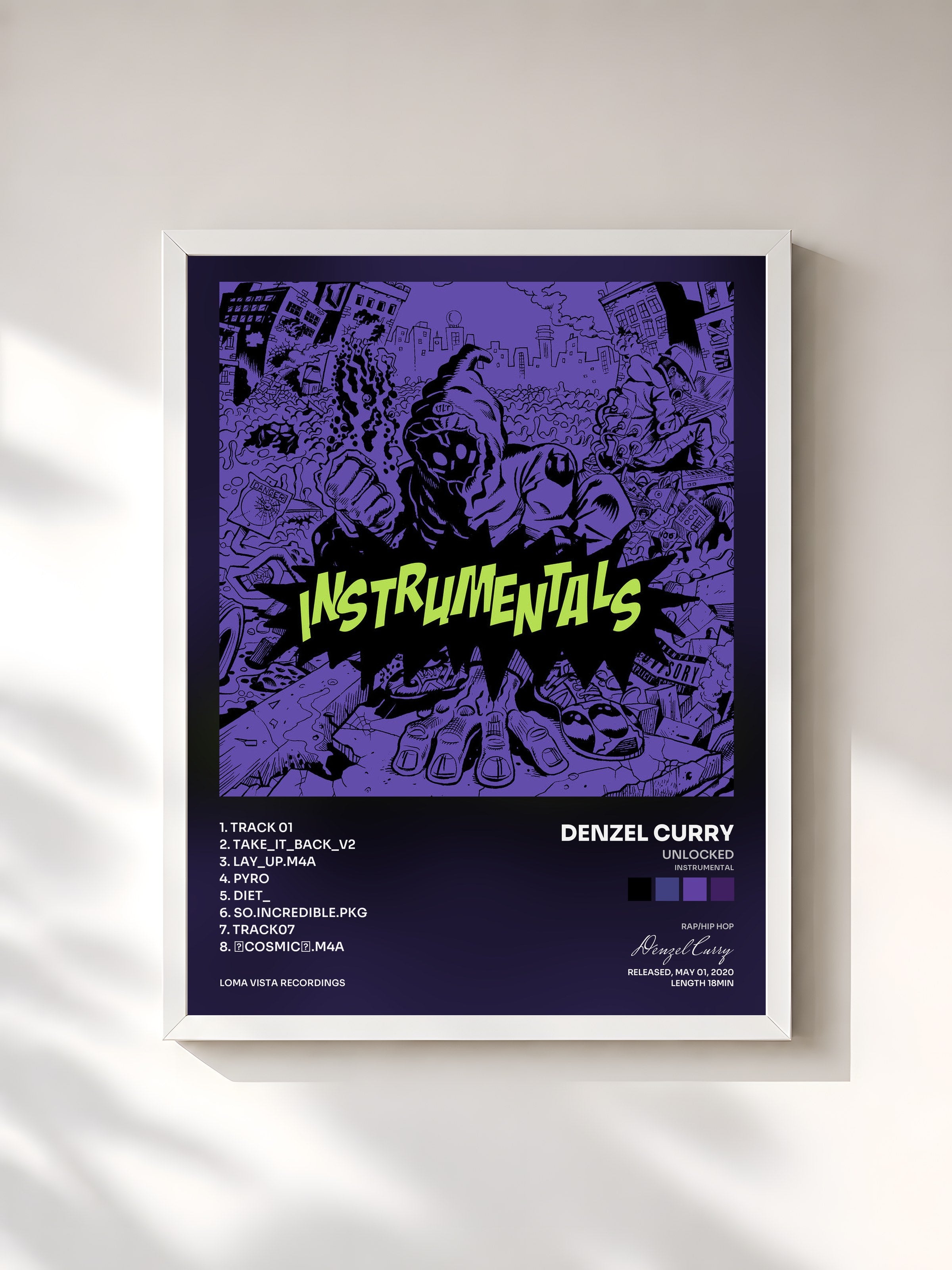 #blanc Tableau de l'album UNLOCKED (Instrumental) de Denzel Curry, cadre blanc, imprimé et encadré en France