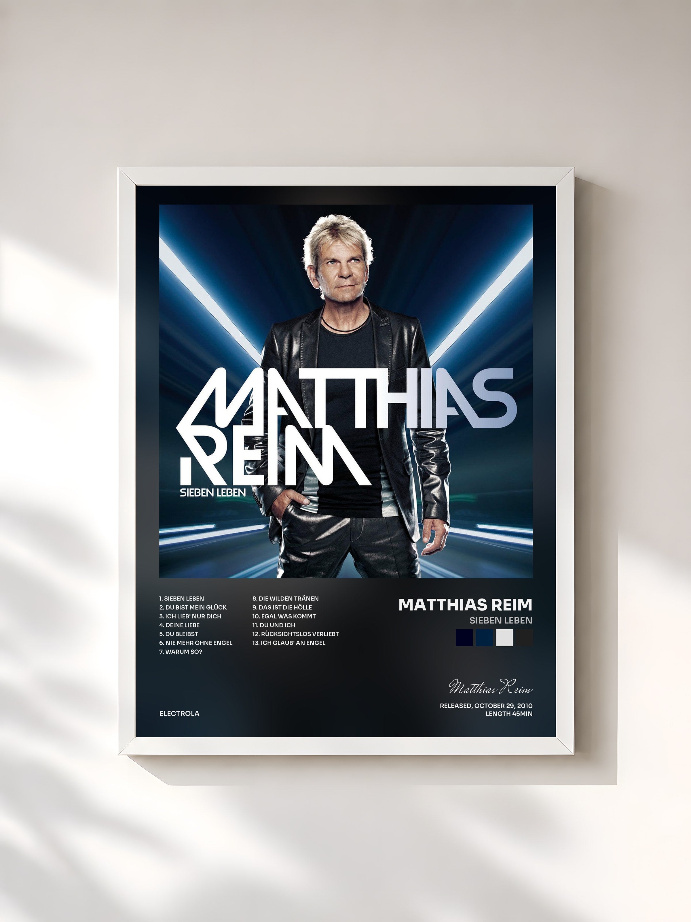 #blanc Tableau de l'album Sieben Leben de Matthias Reim, cadre blanc, imprimé et encadré en France