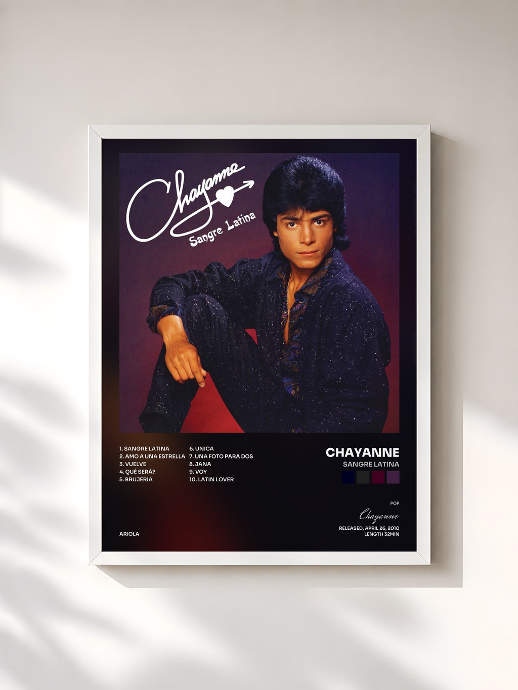 #blanc Tableau de l'album Sangre Latina de Chayanne, cadre blanc, imprimé et encadré en France