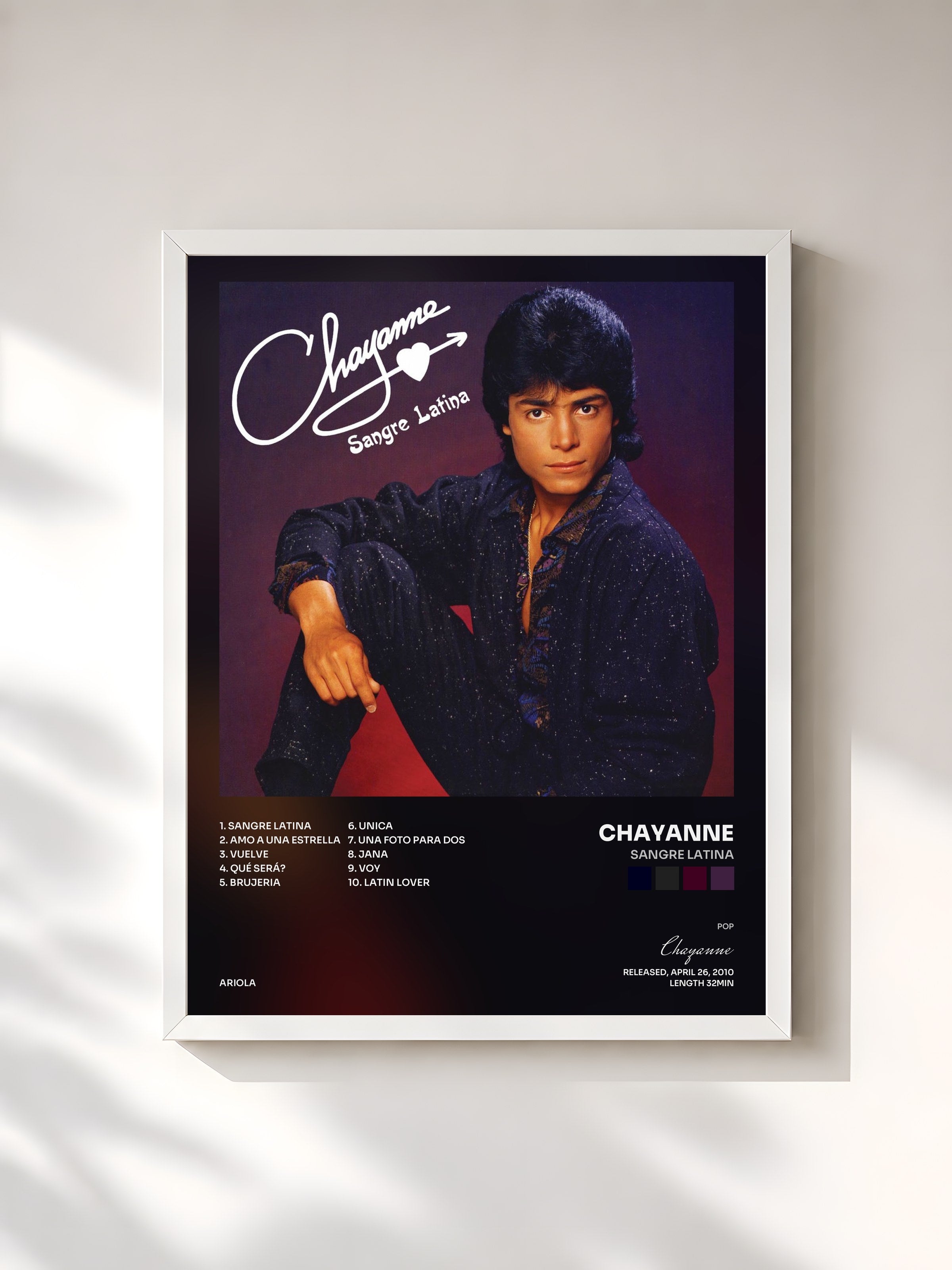 #blanc Tableau de l'album Sangre Latina de Chayanne, cadre blanc, imprimé et encadré en France