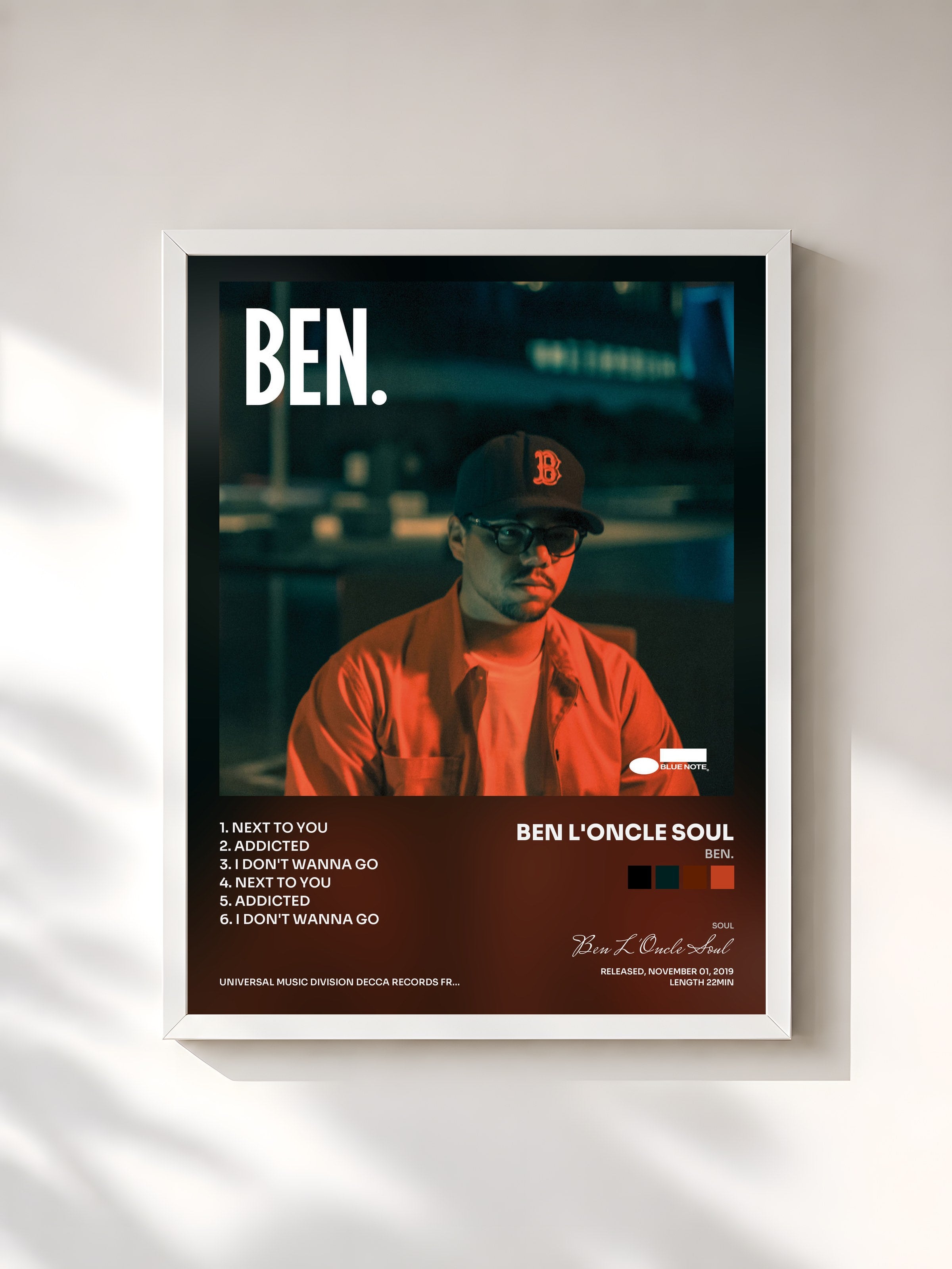 #blanc Tableau de l'album Ben. de Ben L'Oncle Soul, cadre blanc, imprimé et encadré en France