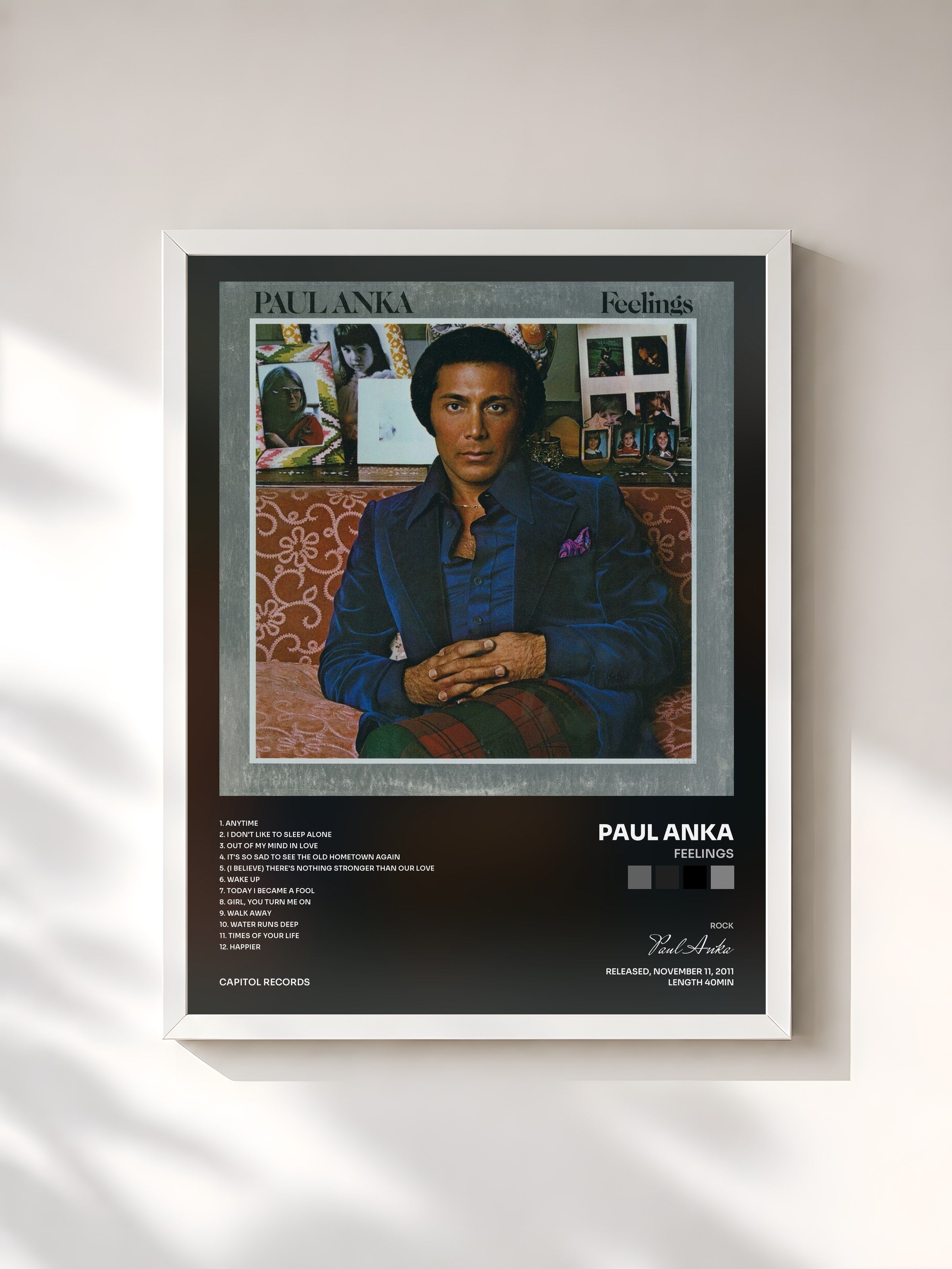 #blanc Tableau de l'album Feelings de Paul Anka, cadre blanc, imprimé et encadré en France