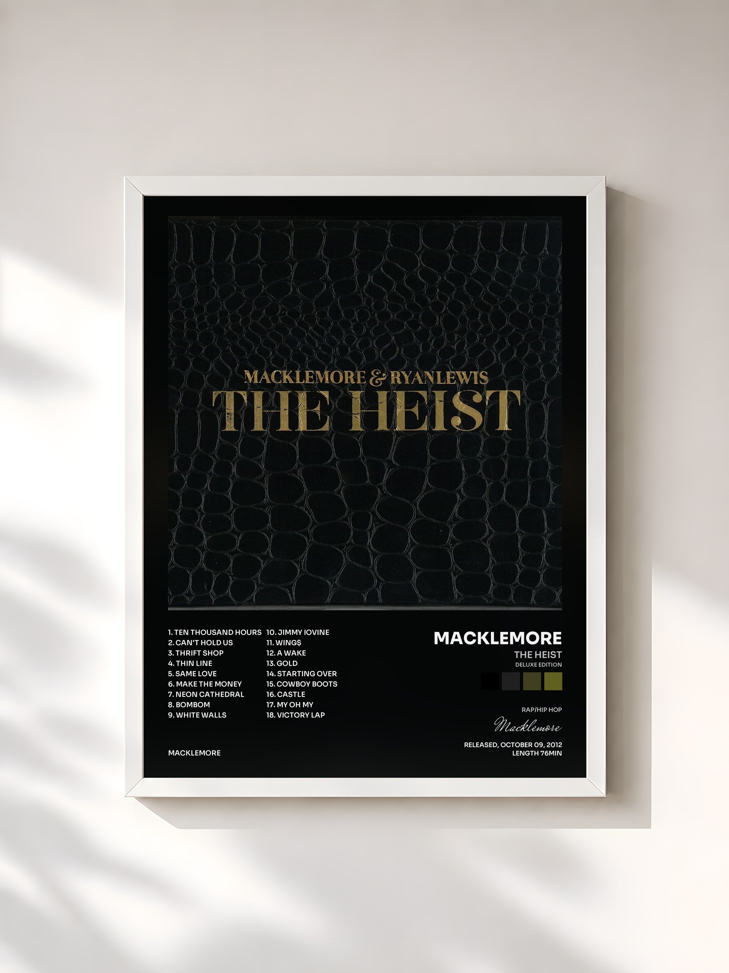 #blanc Tableau de l'album The Heist (Deluxe Edition) de Macklemore, cadre blanc, imprimé et encadré en France