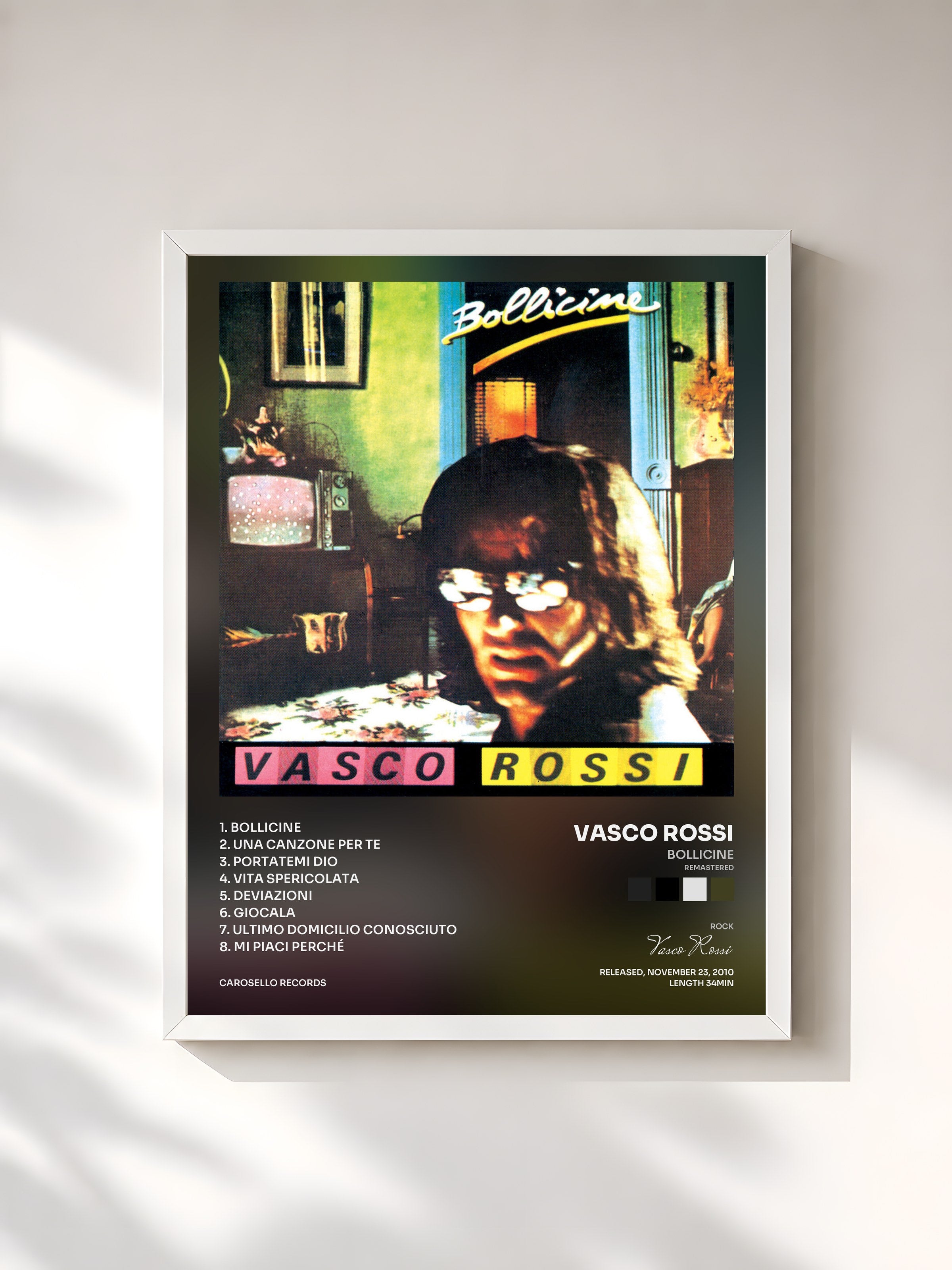 #blanc Tableau de l'album Bollicine (Remastered) de Vasco Rossi, cadre blanc, imprimé et encadré en France