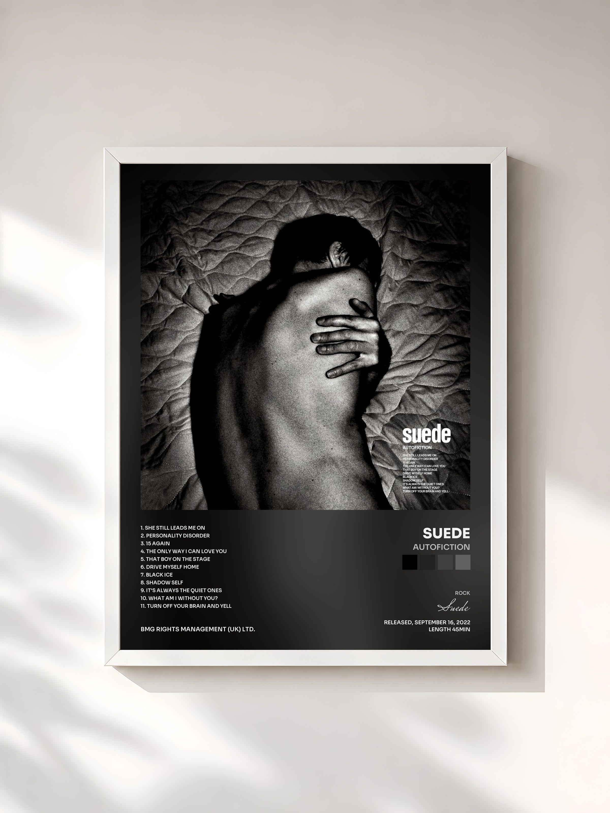 #blanc Tableau de l'album Autofiction de Suede, cadre blanc, imprimé et encadré en France