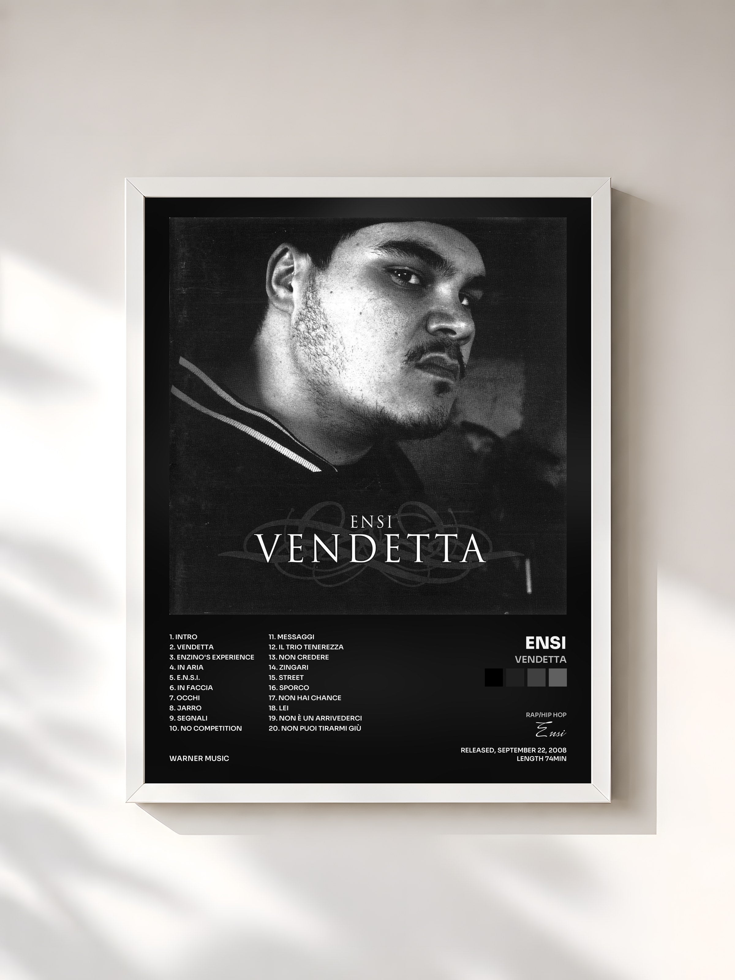 #blanc Tableau de l'album VENDETTA de Ensi, cadre blanc, imprimé et encadré en France