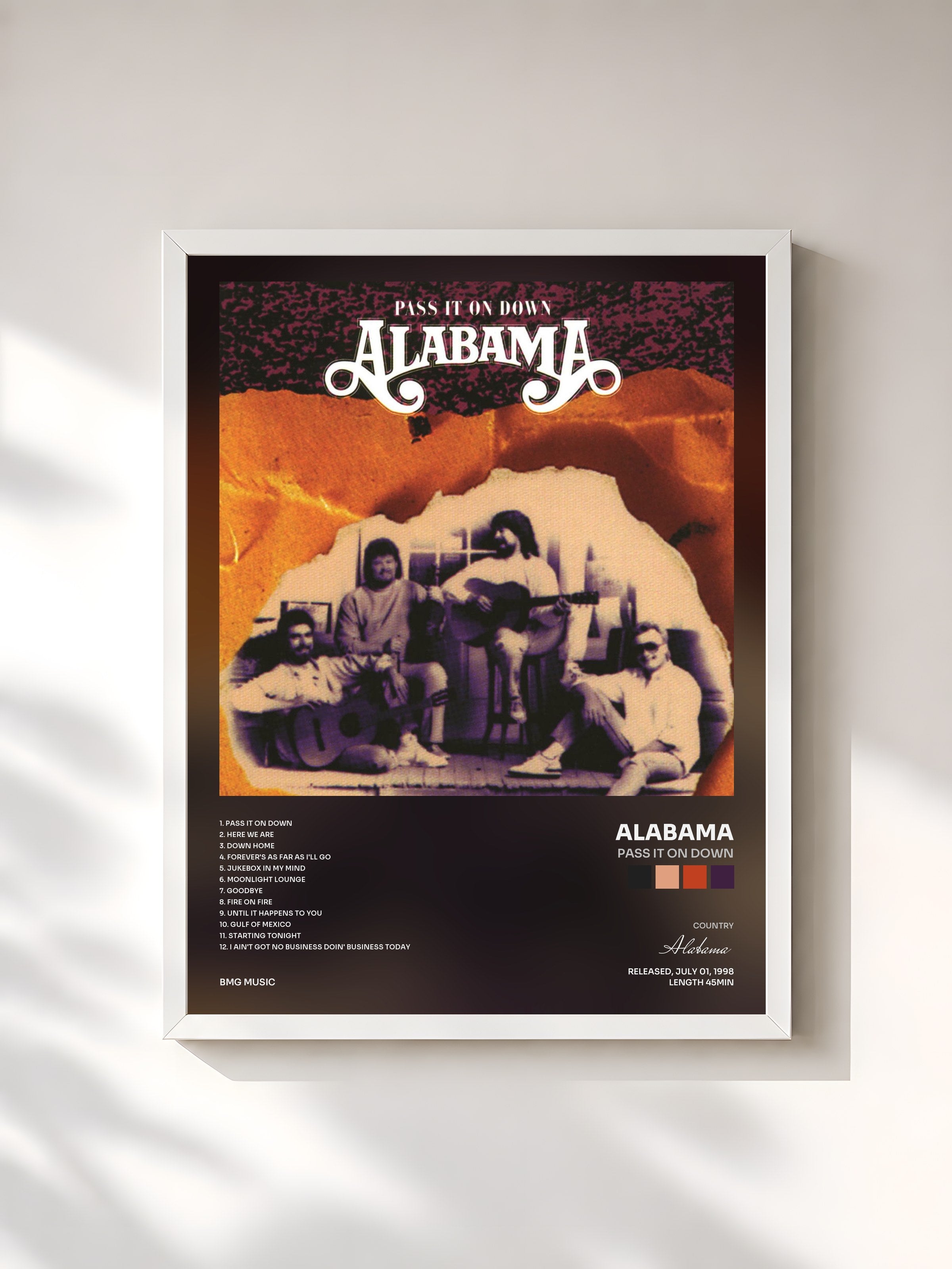 #blanc Tableau de l'album Pass It On Down de Alabama, cadre blanc, imprimé et encadré en France
