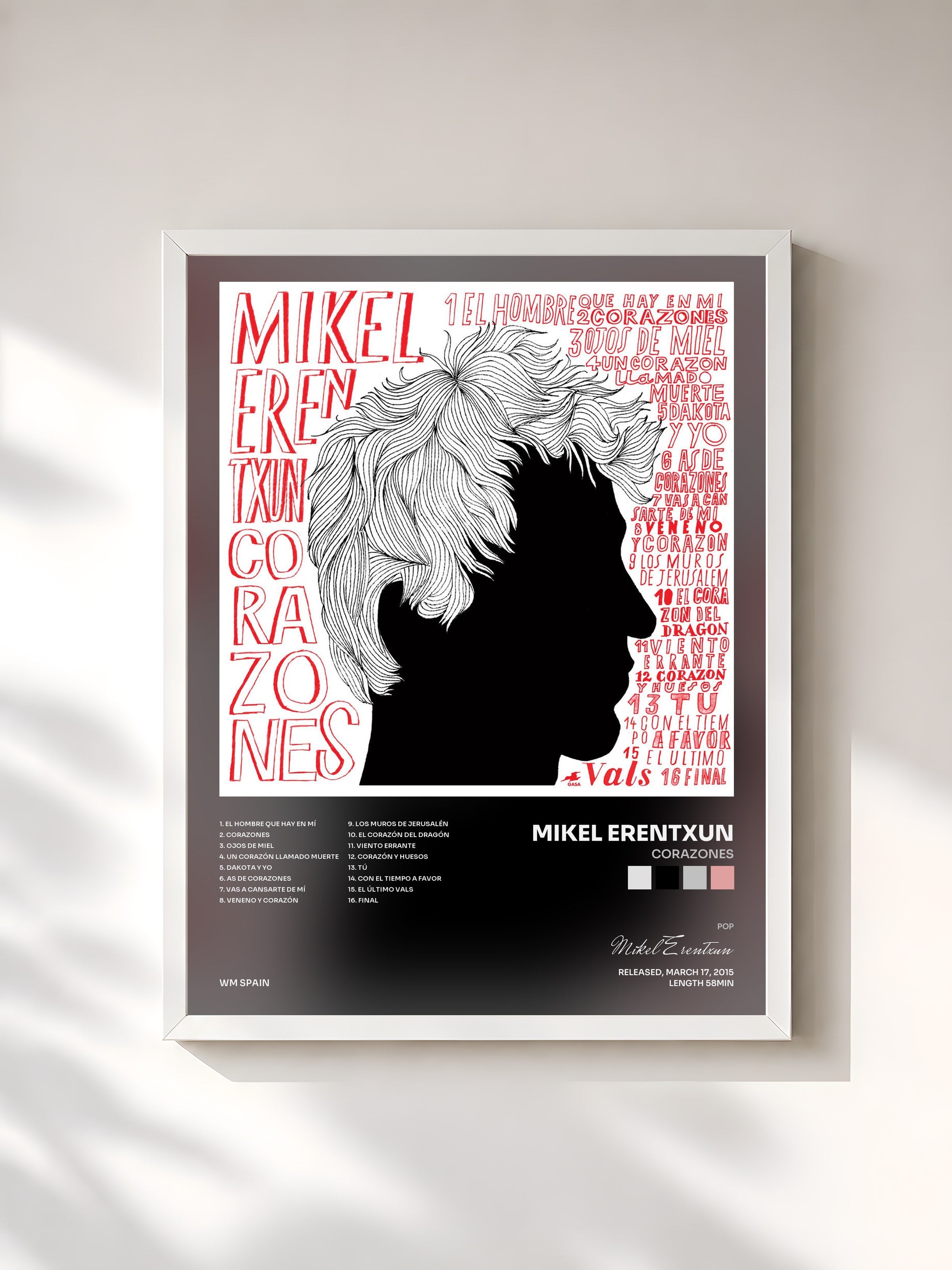 #blanc Tableau de l'album Corazones de Mikel Erentxun, cadre blanc, imprimé et encadré en France