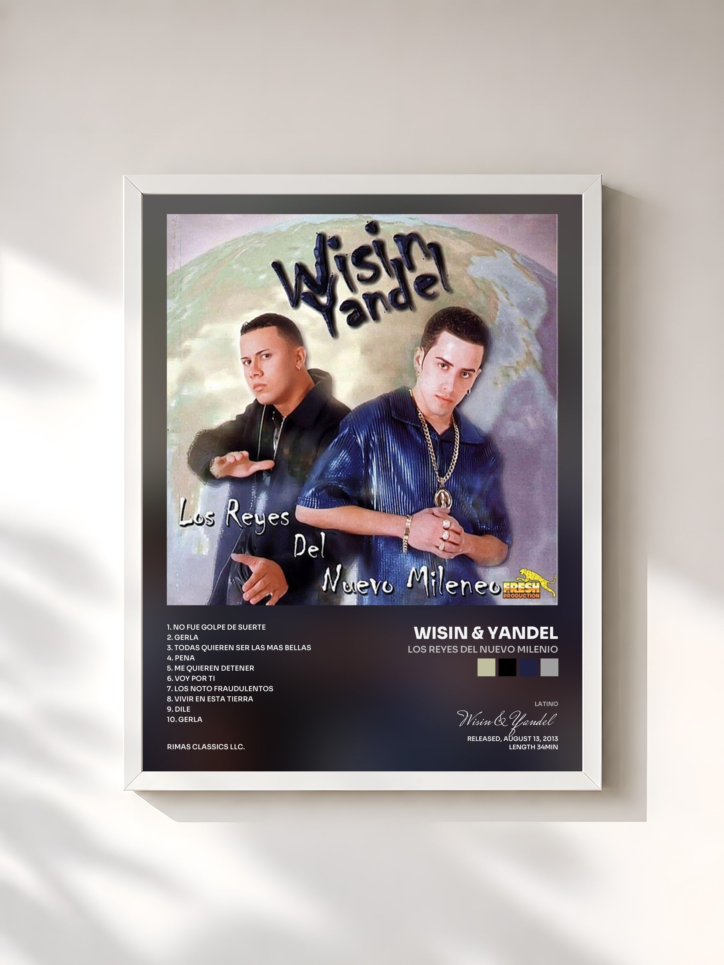 #blanc Tableau de l'album Los Reyes del Nuevo Milenio de Wisin & Yandel, cadre blanc, imprimé et encadré en France