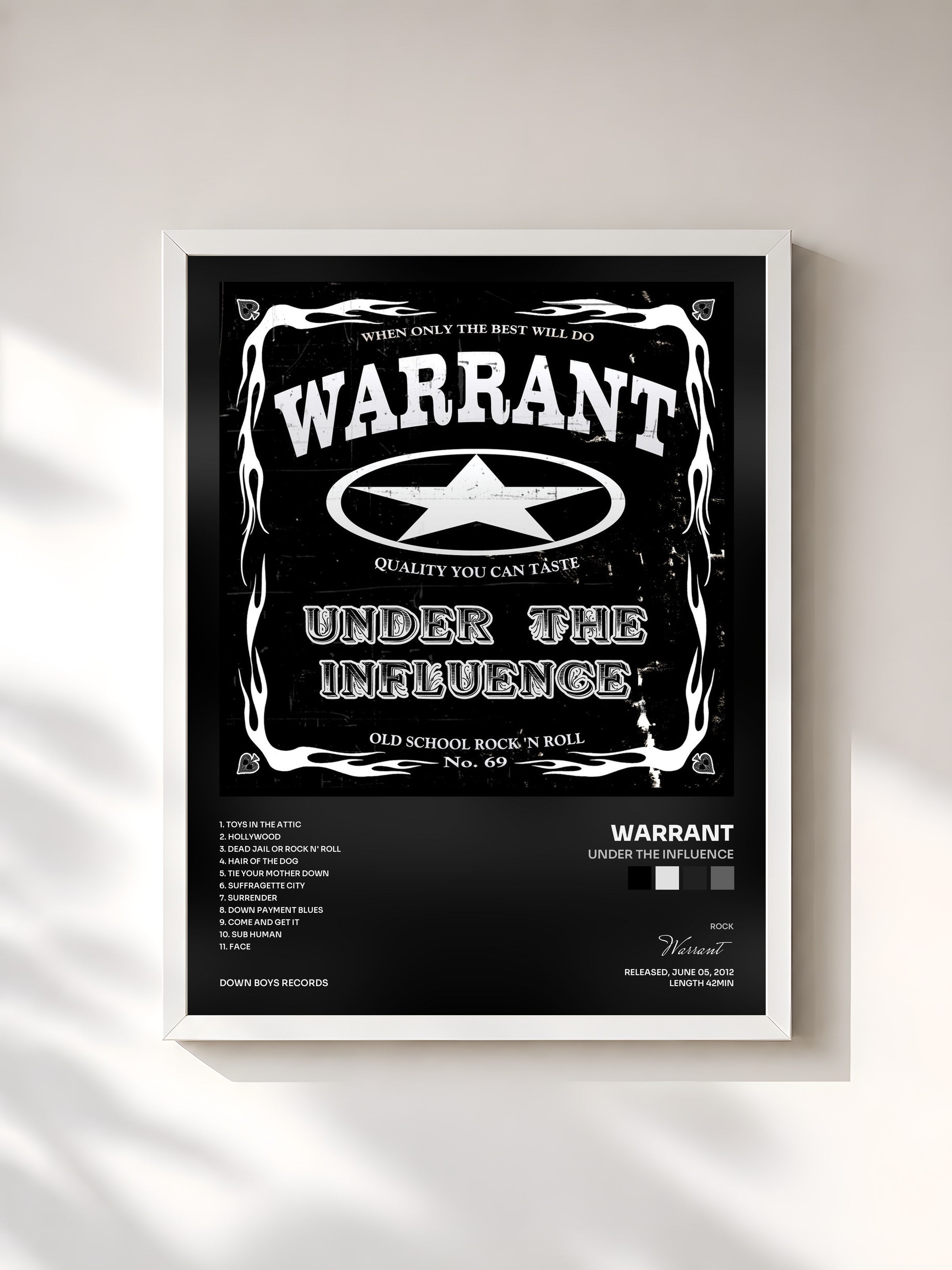 #blanc Tableau de l'album Under the Influence de Warrant, cadre blanc, imprimé et encadré en France