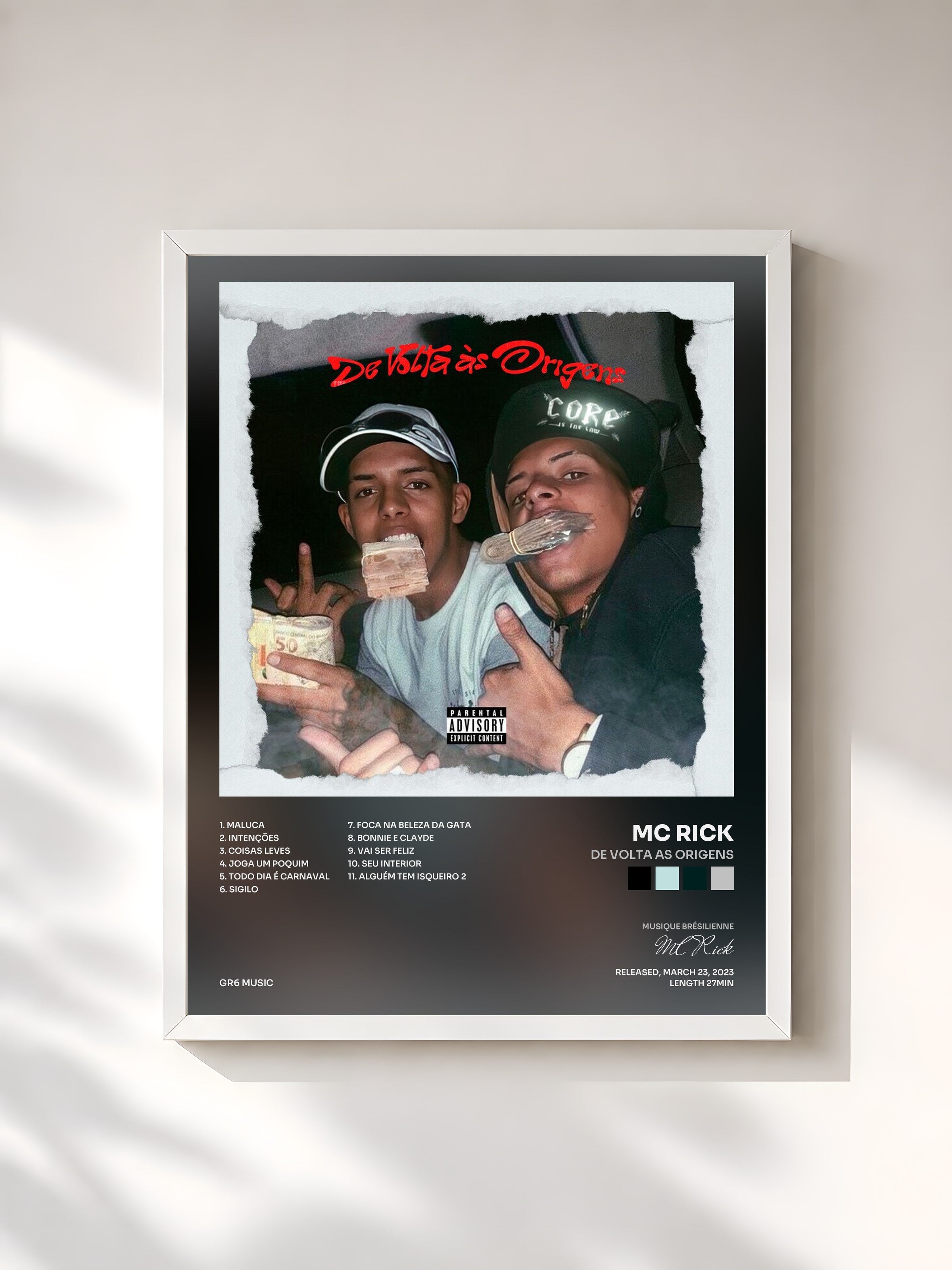 #blanc Tableau de l'album De Volta as Origens de MC Rick, cadre blanc, imprimé et encadré en France