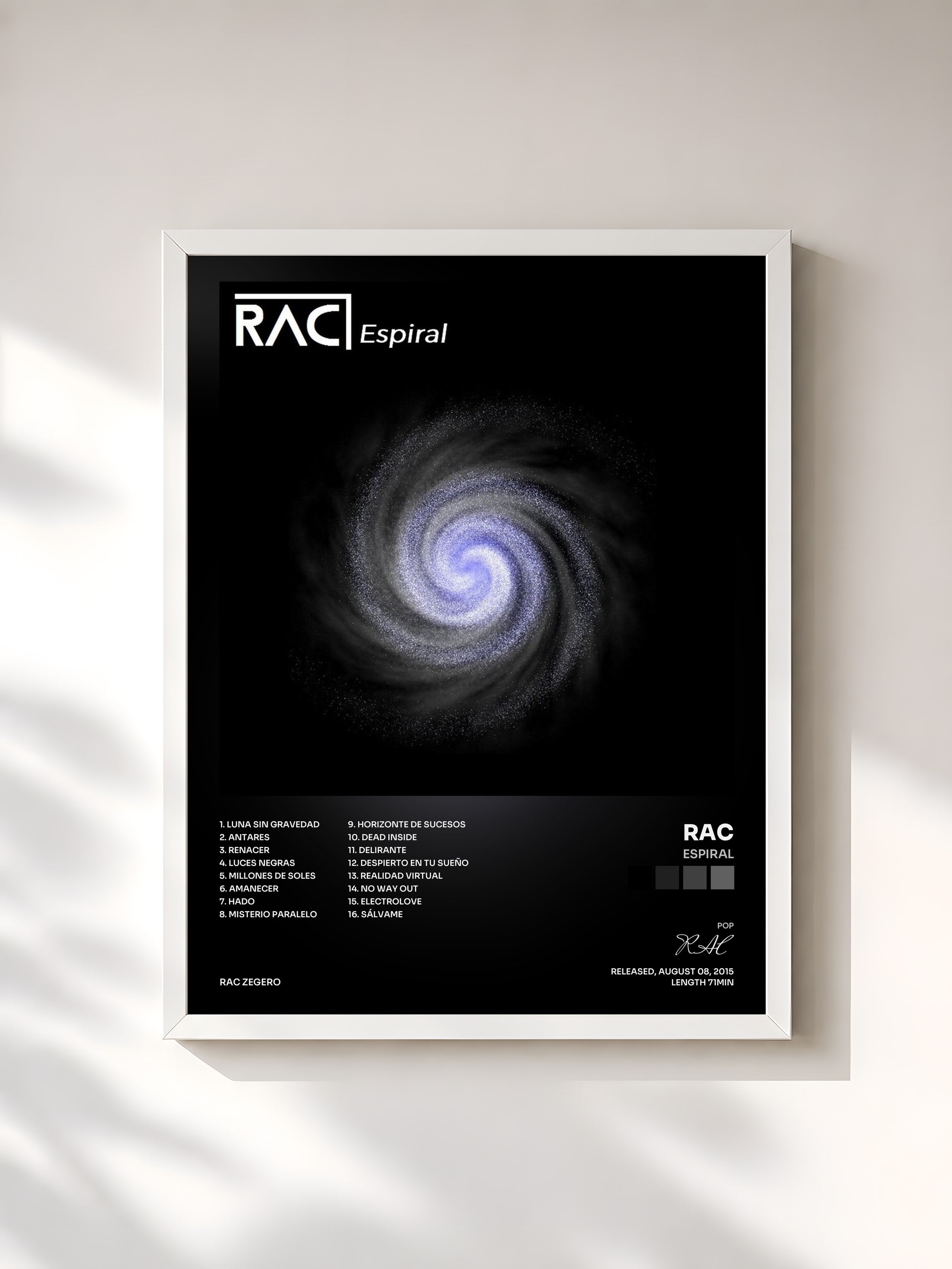 #blanc Tableau de l'album Espiral de RAC, cadre blanc, imprimé et encadré en France